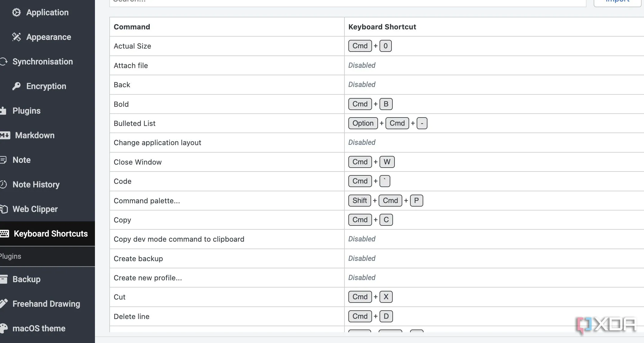 Giao diện cài đặt 'Keyboard Shortcuts' trong Joplin, hiển thị danh sách các phím tắt có thể tùy chỉnh để tăng hiệu suất