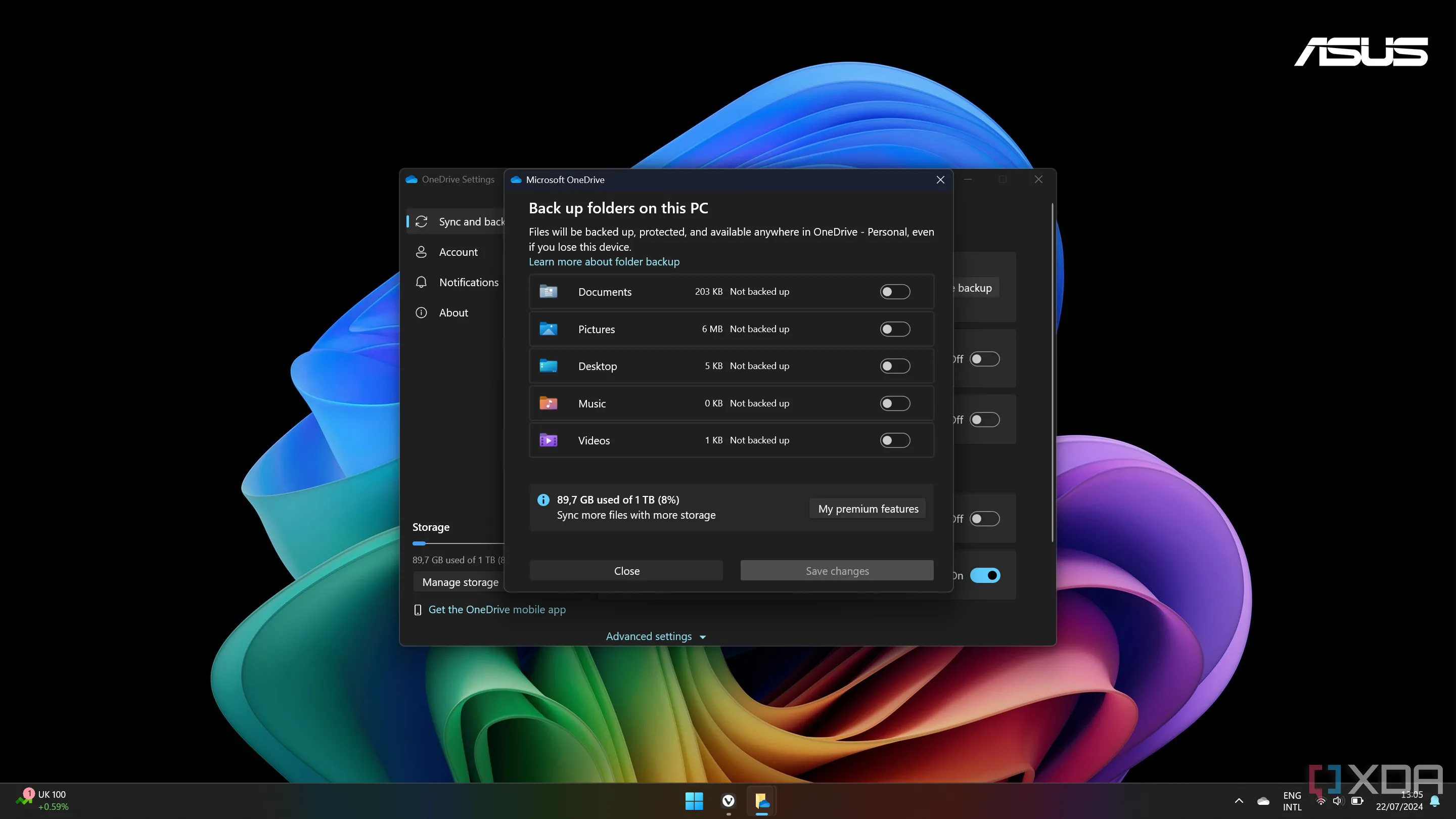 Giao diện cài đặt OneDrive hiển thị tùy chọn sao lưu các thư mục Desktop, Documents và Pictures