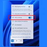 Giao diện cài đặt tính năng nhập liệu bằng giọng nói trên Windows 11 với tùy chọn bật/tắt bộ lọc từ ngữ thô tục 'Filter profanity'