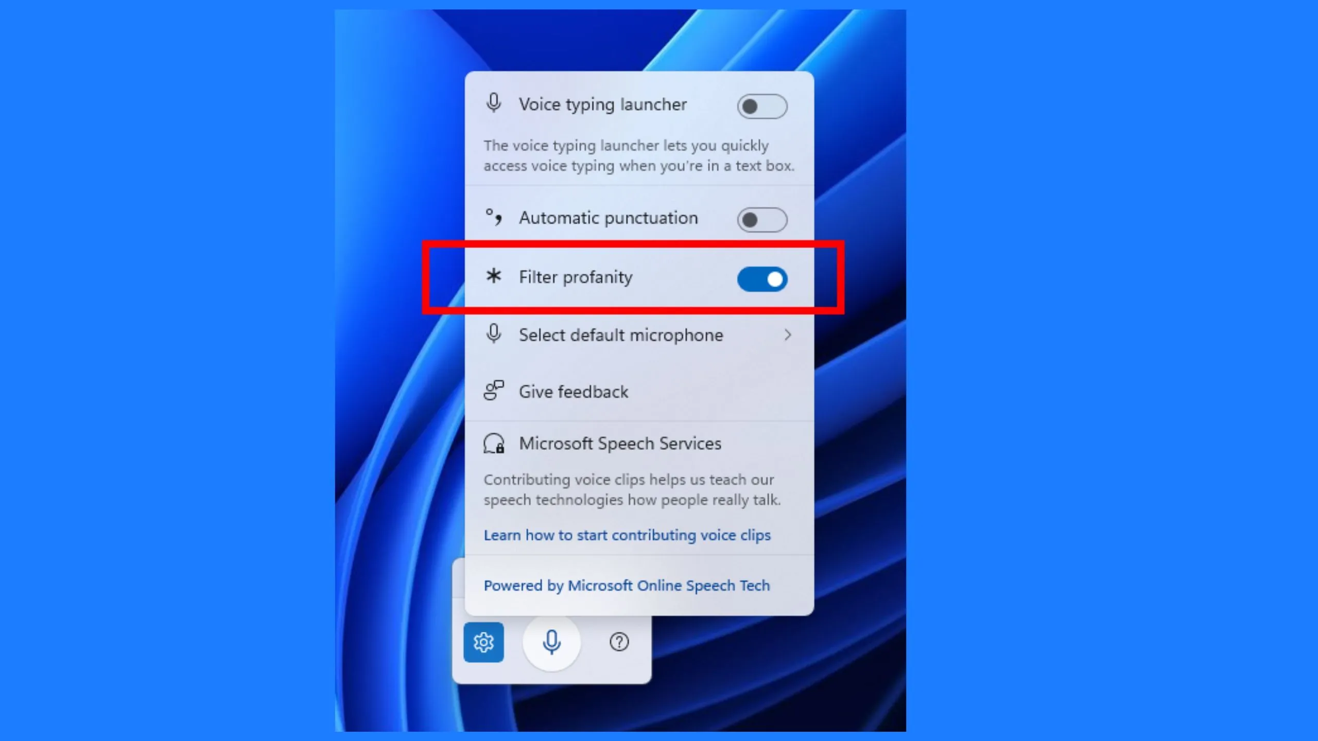 Giao diện cài đặt tính năng nhập liệu bằng giọng nói trên Windows 11 với tùy chọn bật/tắt bộ lọc từ ngữ thô tục 'Filter profanity'