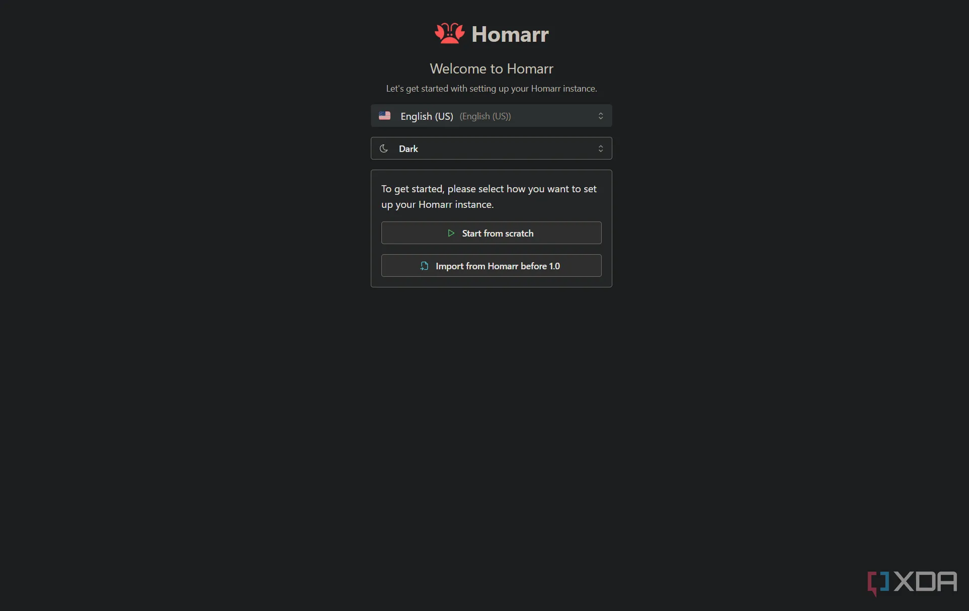 Giao diện cấu hình và thiết lập ban đầu của Homarr, với các tùy chọn cho dashboard quản lý self-hosted.