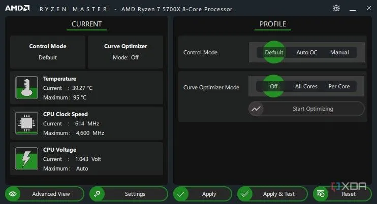 Giao diện cơ bản của AMD Ryzen Master hiển thị nhiệt độ CPU và các thông số năng lượng
