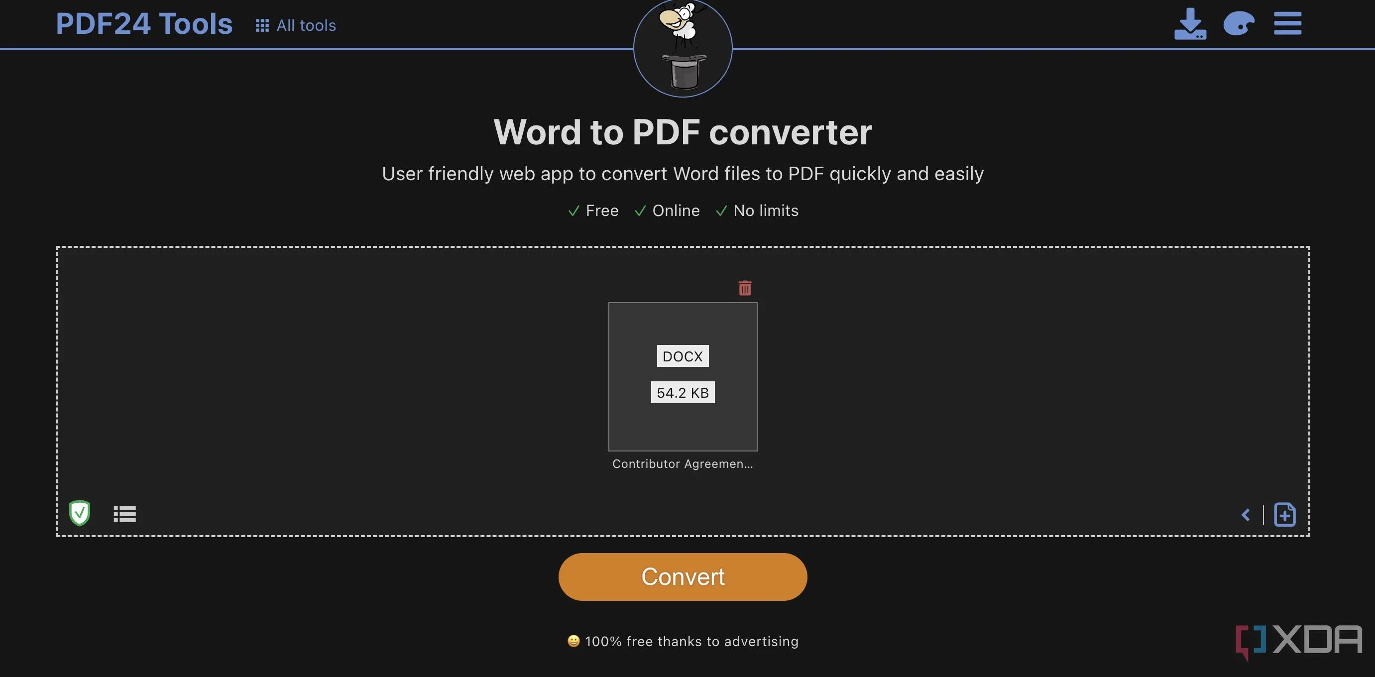 Giao diện công cụ chuyển đổi Word sang PDF của PDF24, minh họa tính năng chuyển đổi tài liệu dễ dàng.