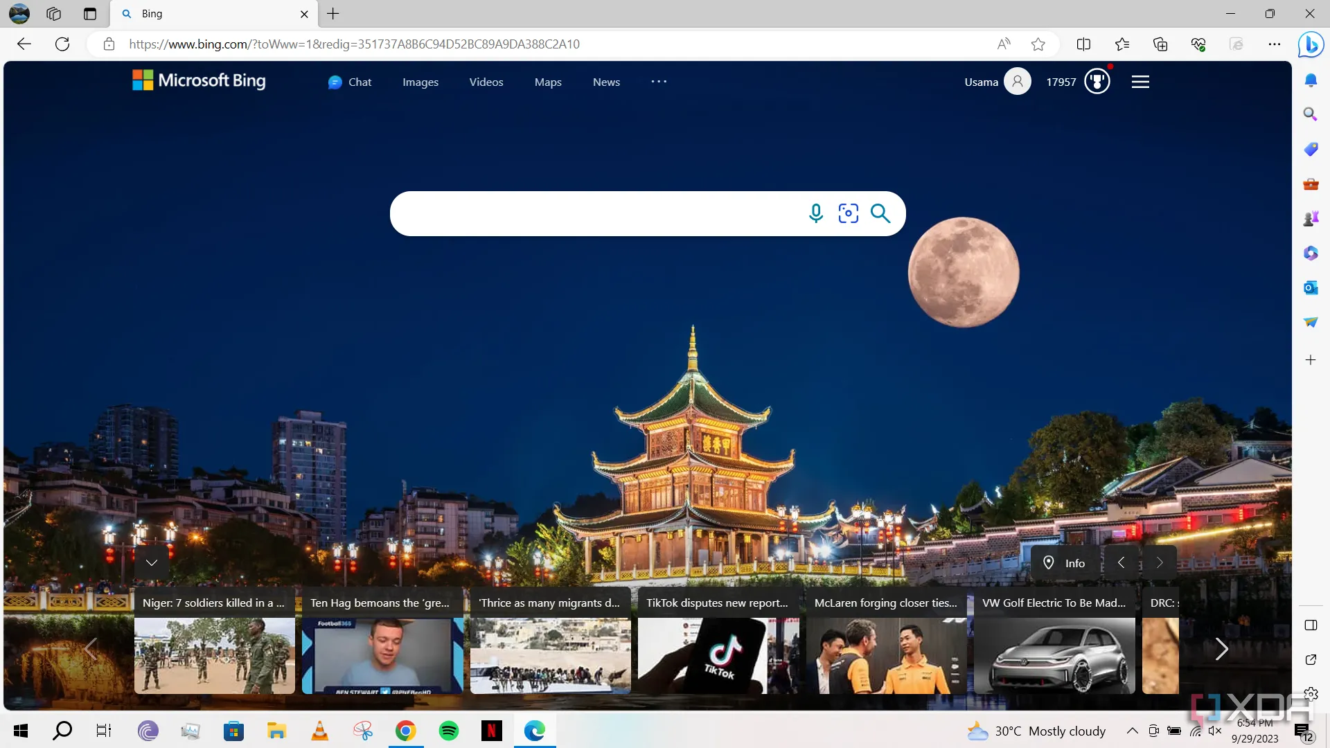 Giao diện công cụ tìm kiếm Bing đang hoạt động trên trình duyệt Microsoft Edge.