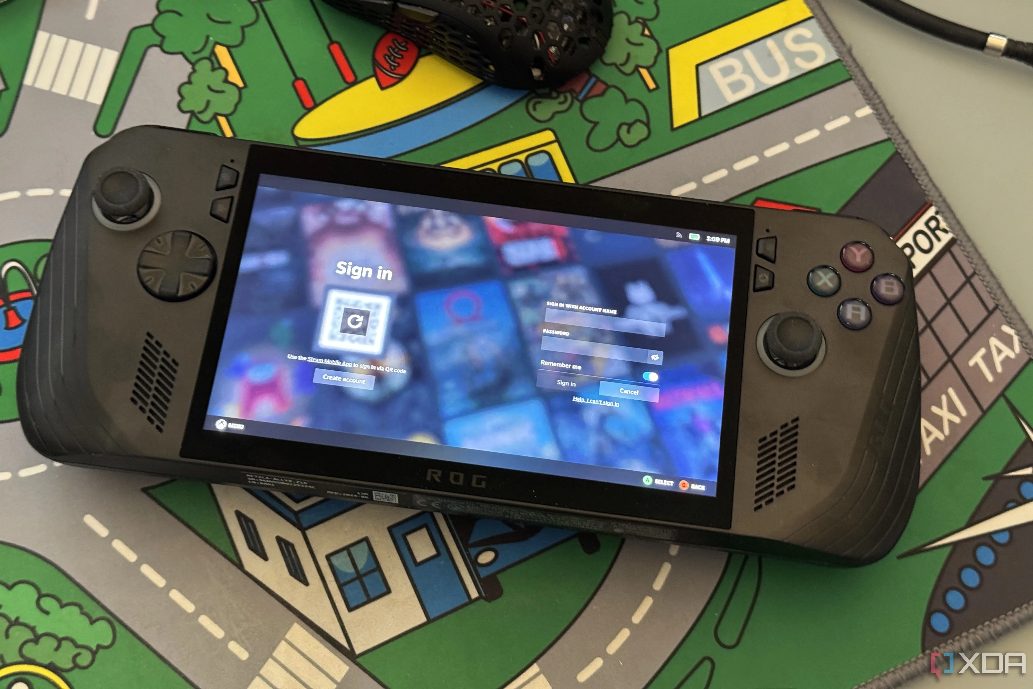 Giao diện đăng nhập SteamOS trên Asus ROG Ally X, minh họa khả năng tương thích hệ điều hành với handheld gaming