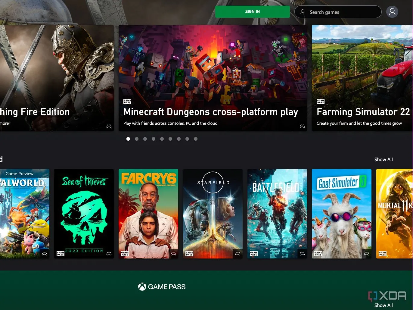 Giao diện đăng nhập và duyệt thư viện game của Xbox Game Pass Ultimate trên trình duyệt web, thể hiện tính tiện lợi của dịch vụ đăng ký game