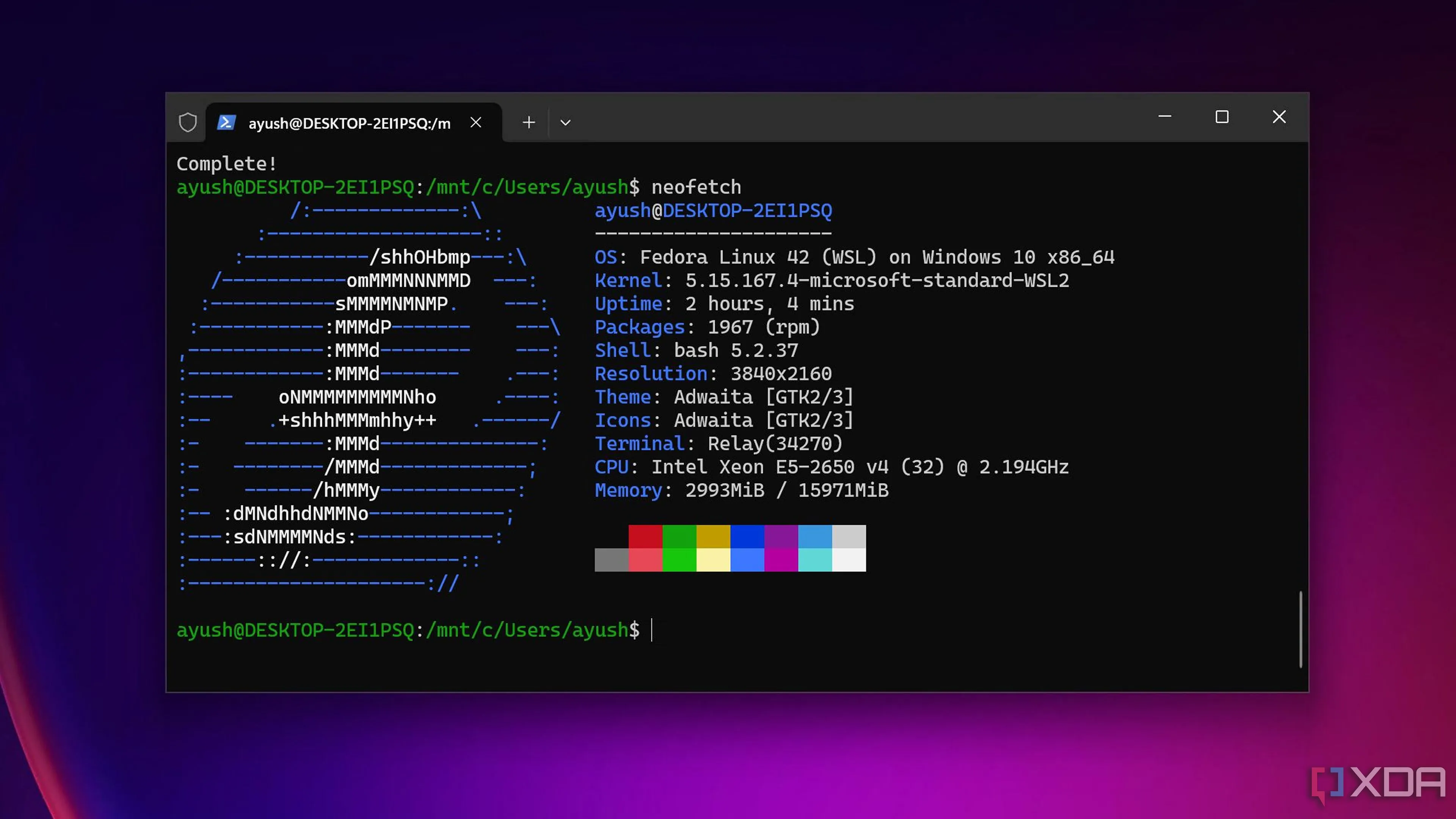 Giao diện dòng lệnh của Fedora đang hoạt động trên Windows Subsystem for Linux.