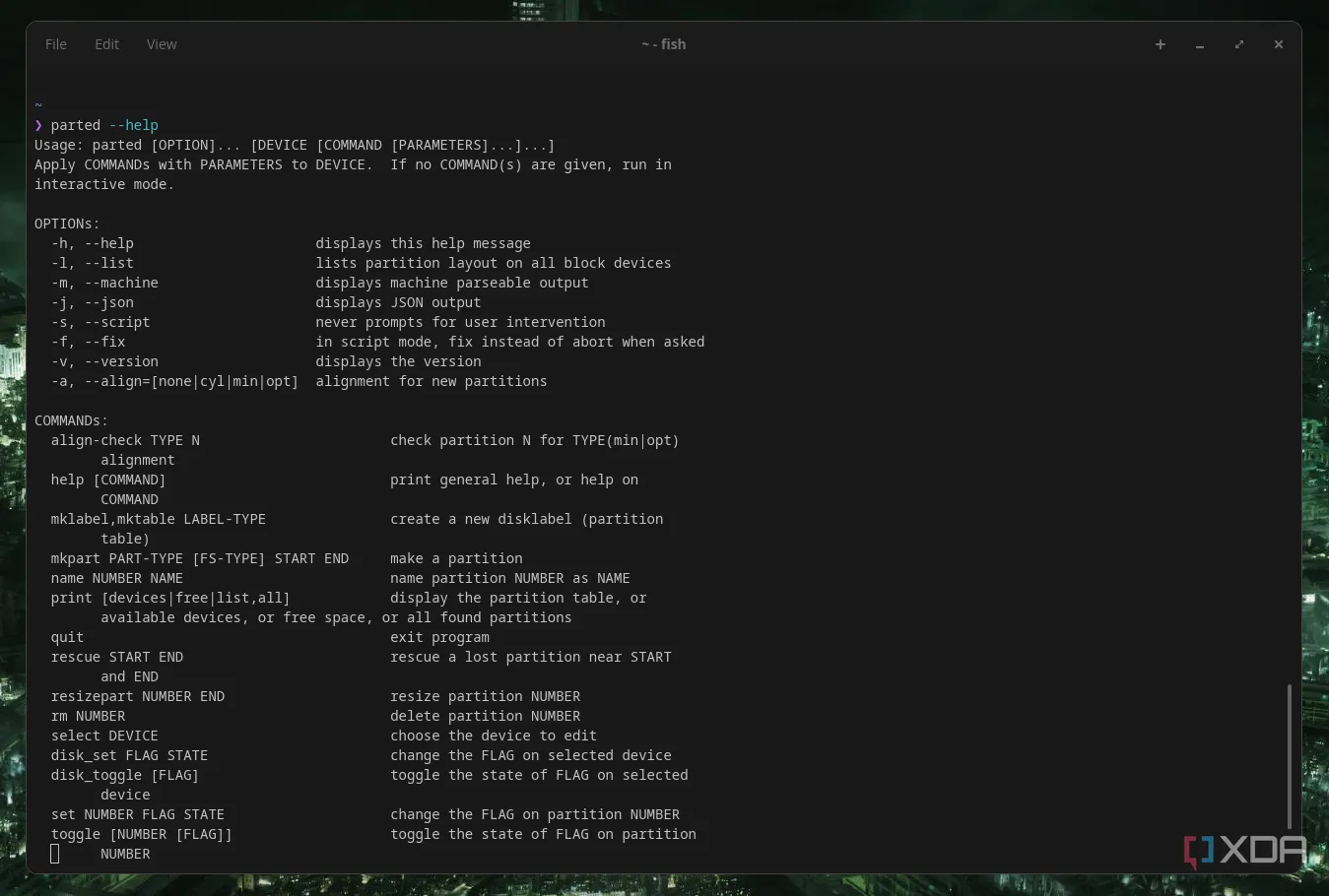 Giao diện dòng lệnh của parted trong Linux cho phép quản lý phân vùng nâng cao