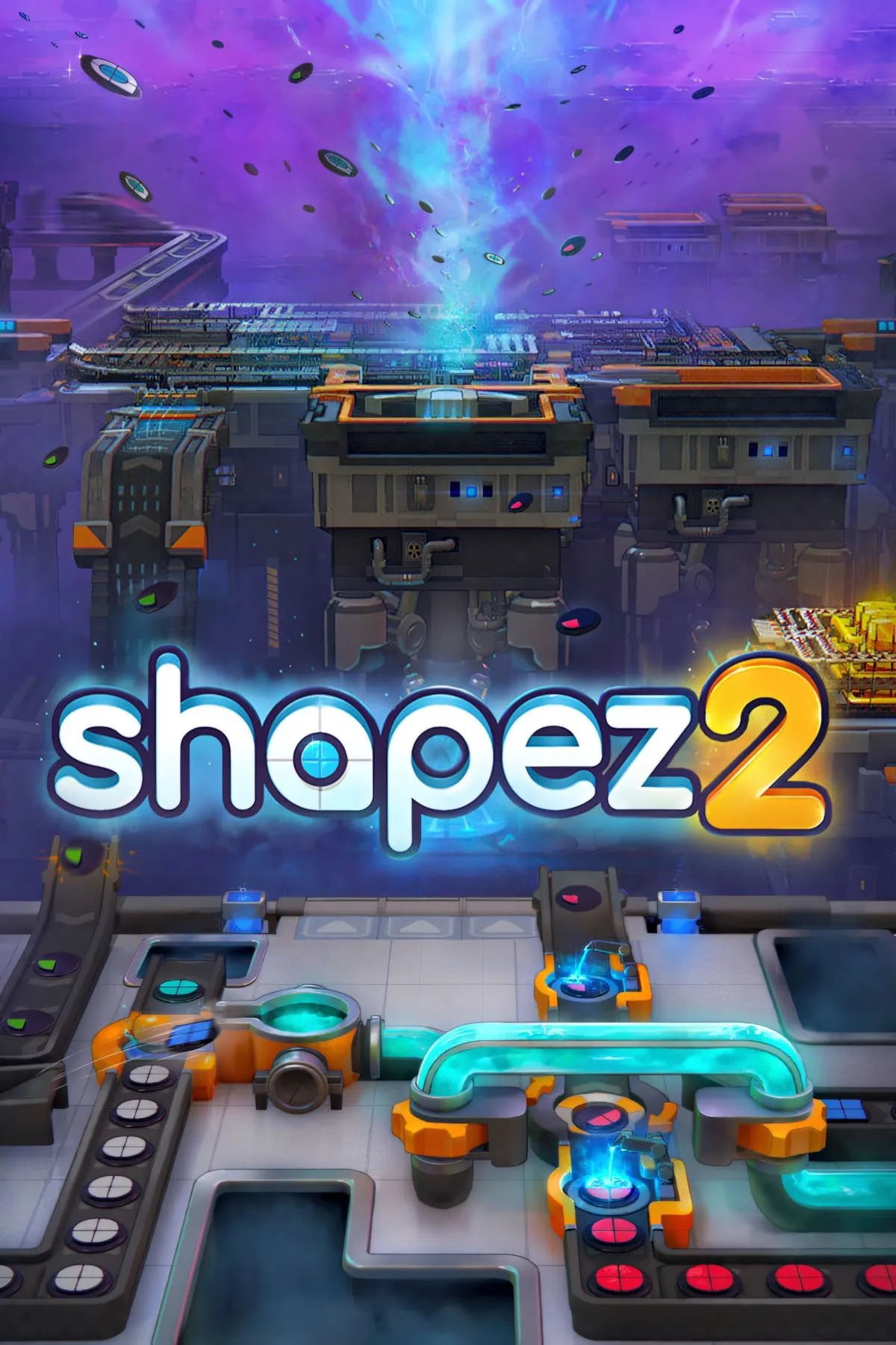 Giao diện game Shapez 2 với các hình khối hình học đang được xử lý trên dây chuyền sản xuất tự động
