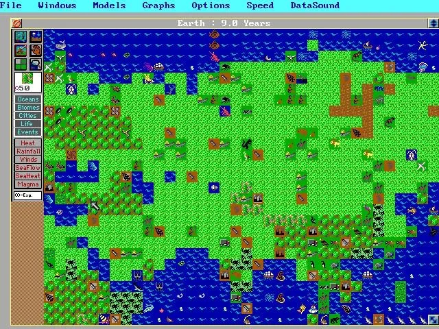 Giao diện gameplay của SimEarth: The Living Planet, cho phép người chơi kiến tạo và phát triển hành tinh từ cấp độ vi mô.
