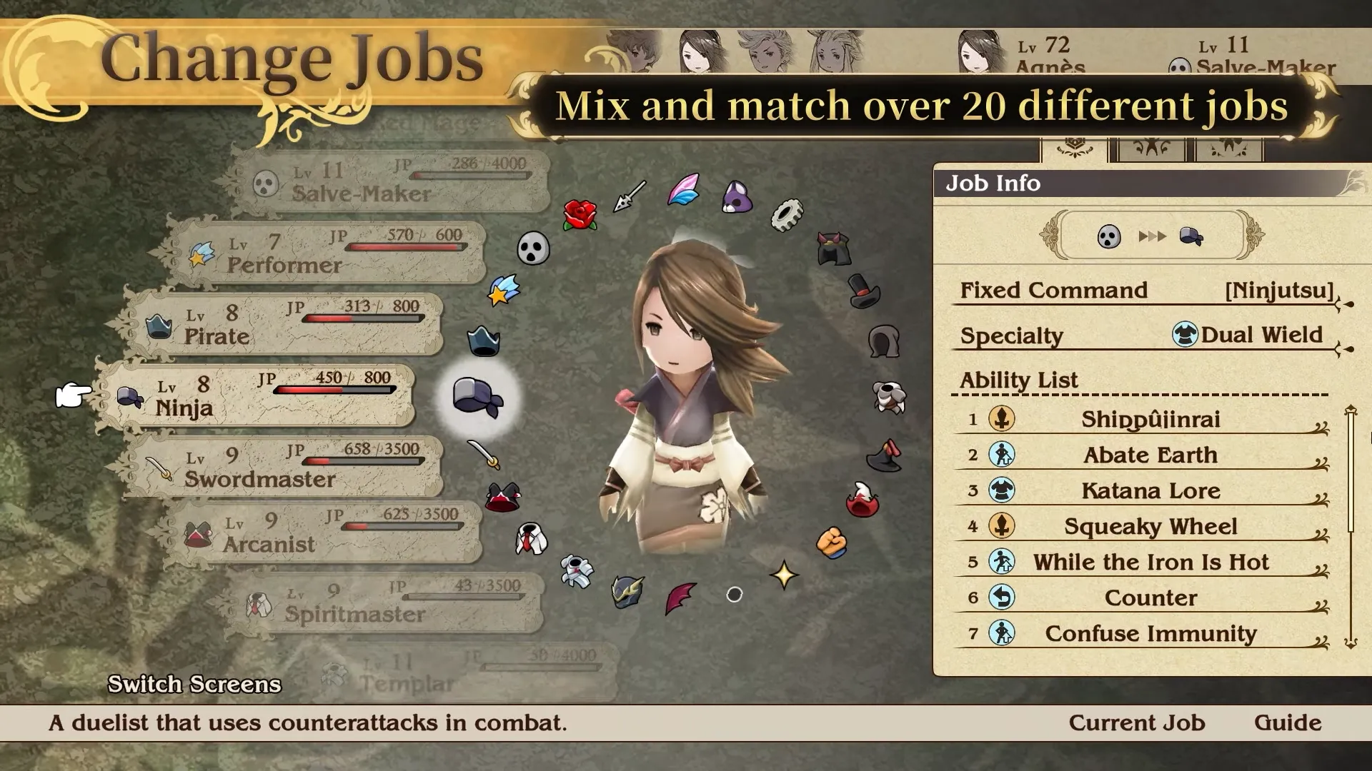 Giao diện hệ thống nghề nghiệp trong Bravely Default, cho phép tùy chỉnh sâu rộng nhân vật trong game nhập vai JRPG.