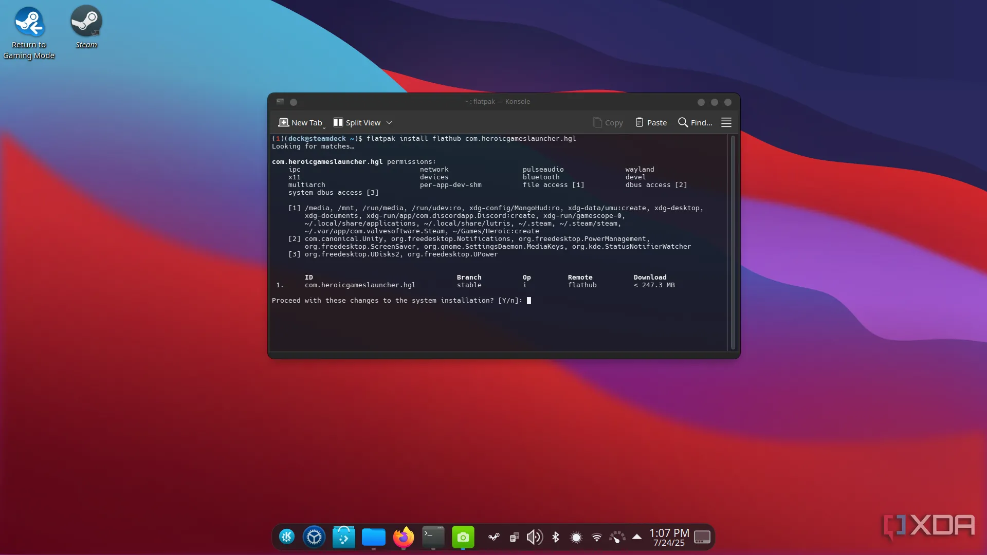 Giao diện Konsole (Terminal) trên Steam Deck hiển thị mã cài đặt Heroic Games Launcher đã được dán