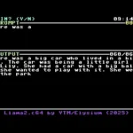 Giao diện Llama2.c64 hoạt động trên Commodore 64, hiển thị câu chuyện được tạo bởi AI.