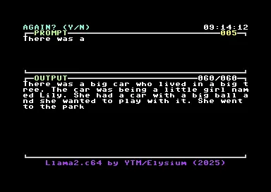 Giao diện Llama2.c64 hoạt động trên Commodore 64, hiển thị câu chuyện được tạo bởi AI.