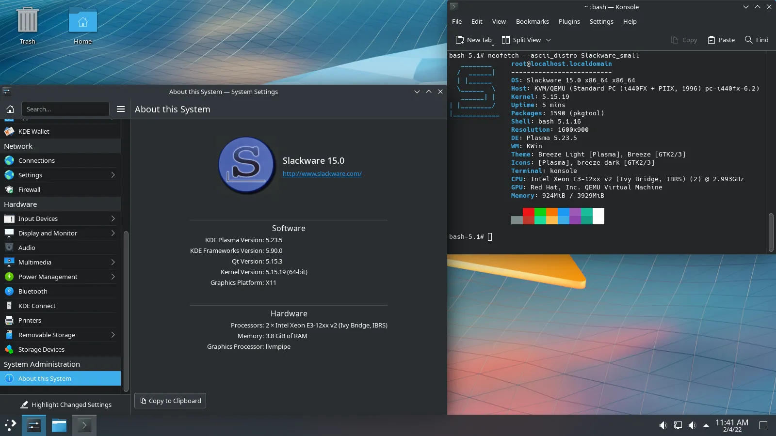 Giao diện môi trường desktop KDE Plasma 5 trên Slackware 15.0, minh họa cho trải nghiệm người dùng hiện đại và tùy biến cao của KDE Plasma.