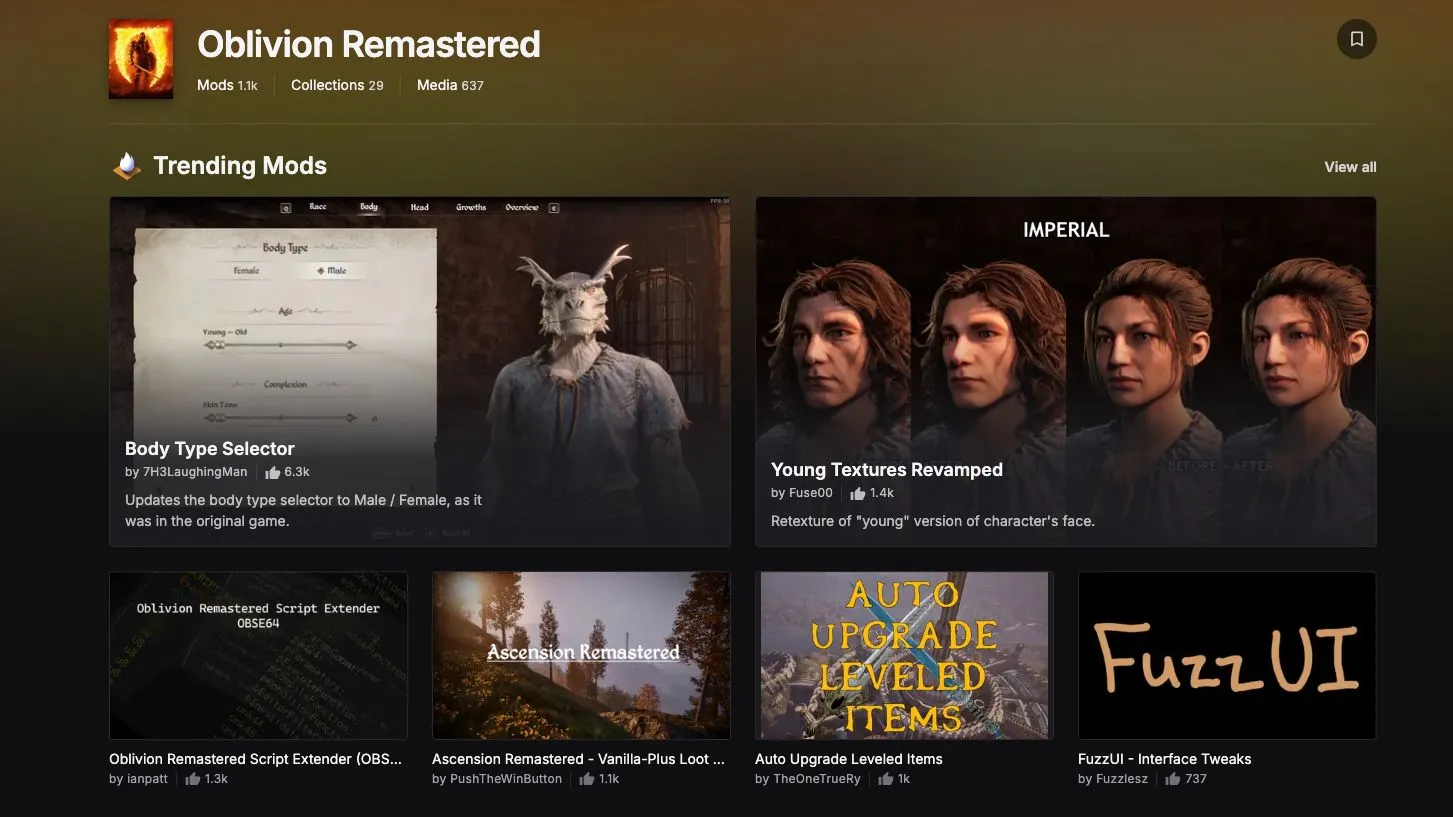 Giao diện Nexus Mods hiển thị các mod cải thiện hiệu suất cho Oblivion Remastered