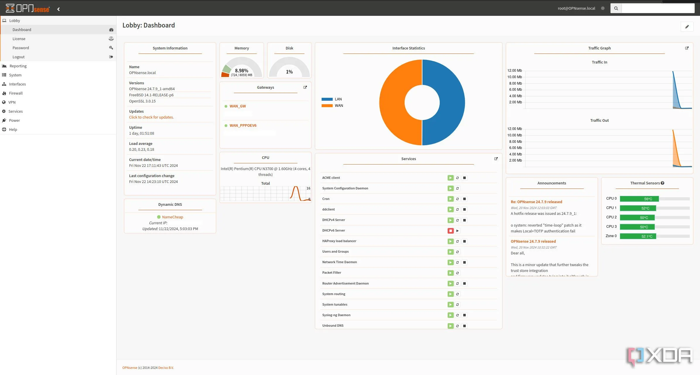 Giao diện người dùng bảng điều khiển (dashboard) của OPNsense, hiển thị tổng quan các chức năng quản lý và giám sát mạng trong router tùy chỉnh.