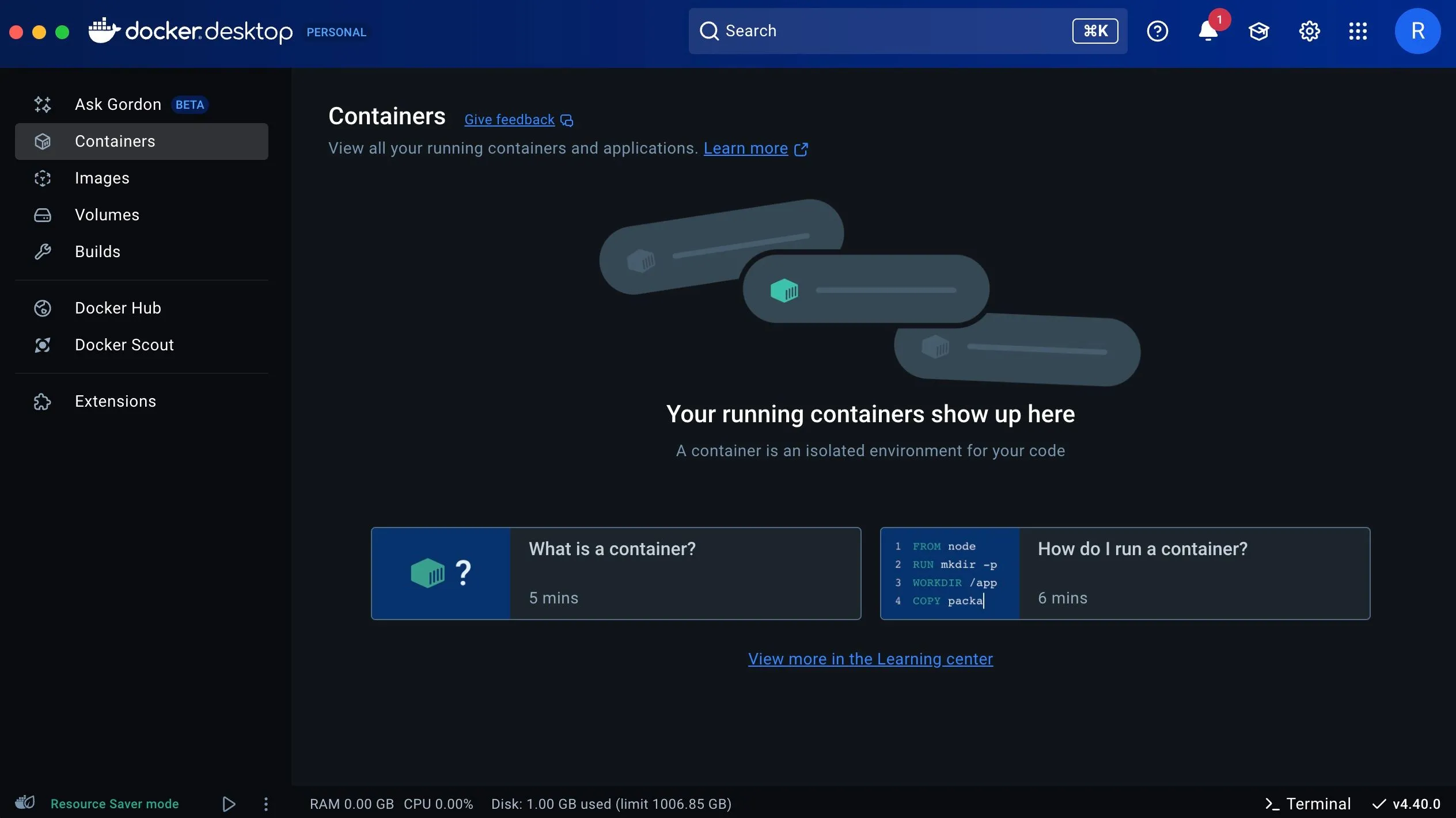 Giao diện người dùng của Docker Desktop, hiển thị các công cụ quản lý và giám sát container, giúp người dùng tương tác dễ dàng với môi trường Docker.