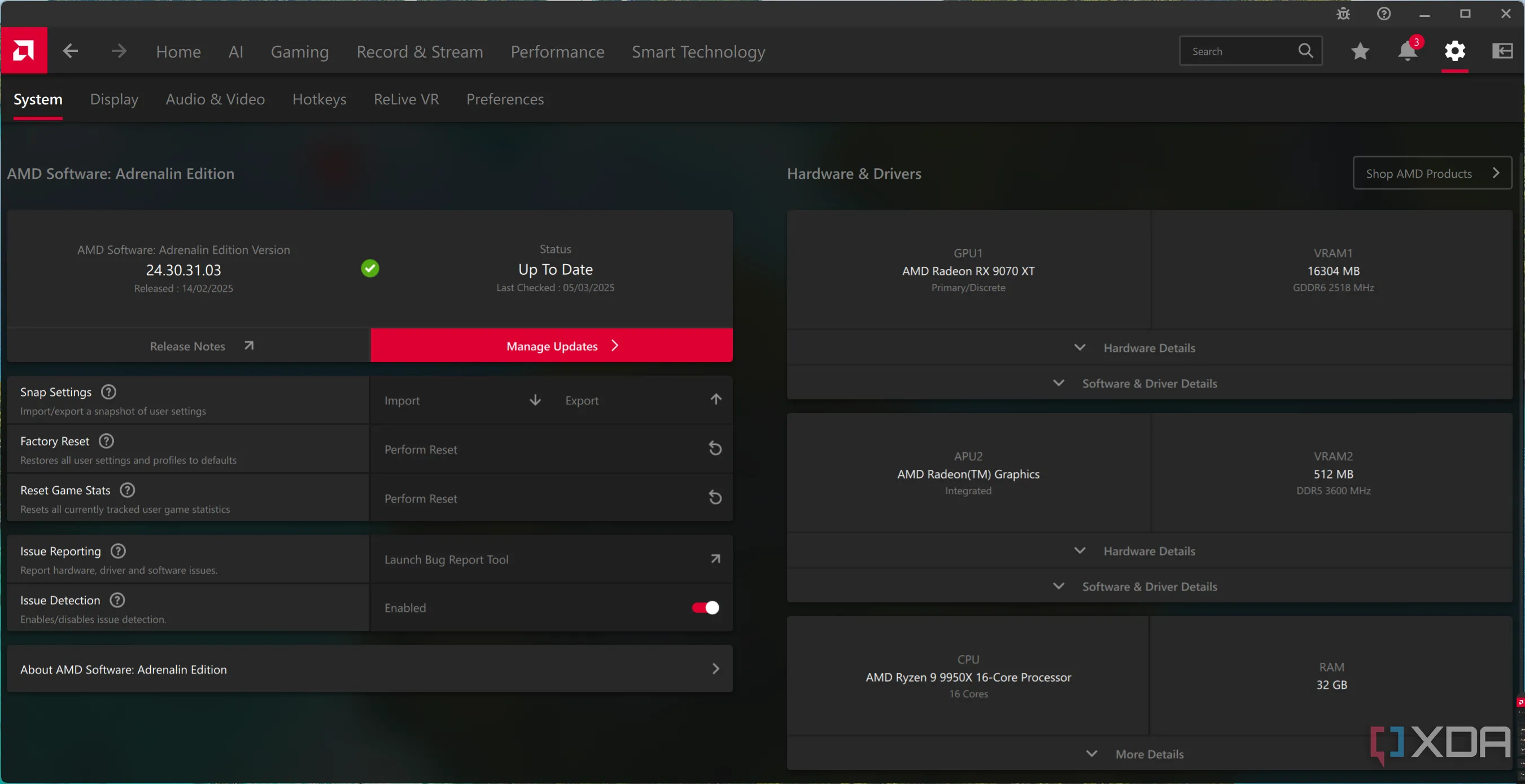 Giao diện phần mềm AMD Adrenalin Software hiển thị thông tin hệ thống và các tùy chỉnh hiệu năng GPU