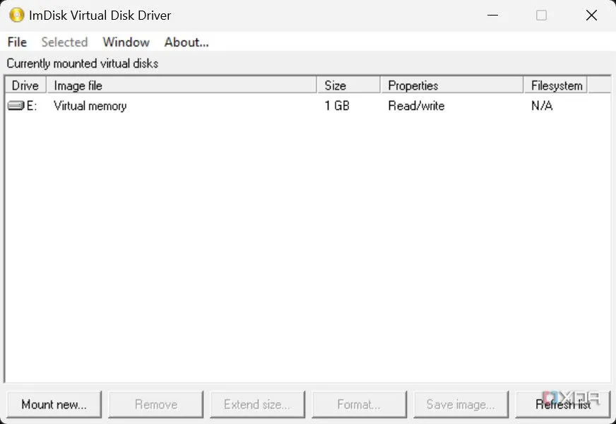 Giao diện phần mềm ImDisk Virtual Disk Driver trên Windows để tạo ổ đĩa RAM ảo
