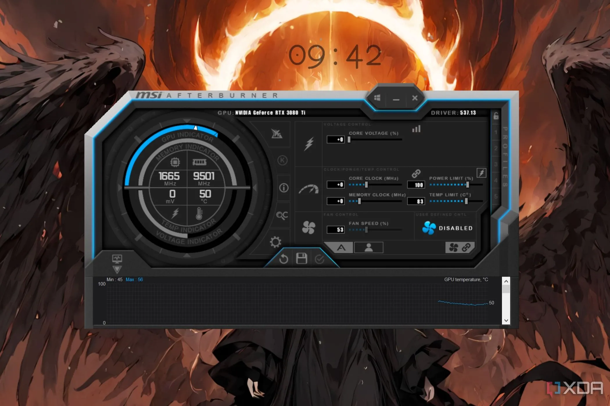 Giao diện phần mềm MSI Afterburner hiển thị các tùy chọn điều chỉnh xung nhịp và giới hạn điện năng của GPU