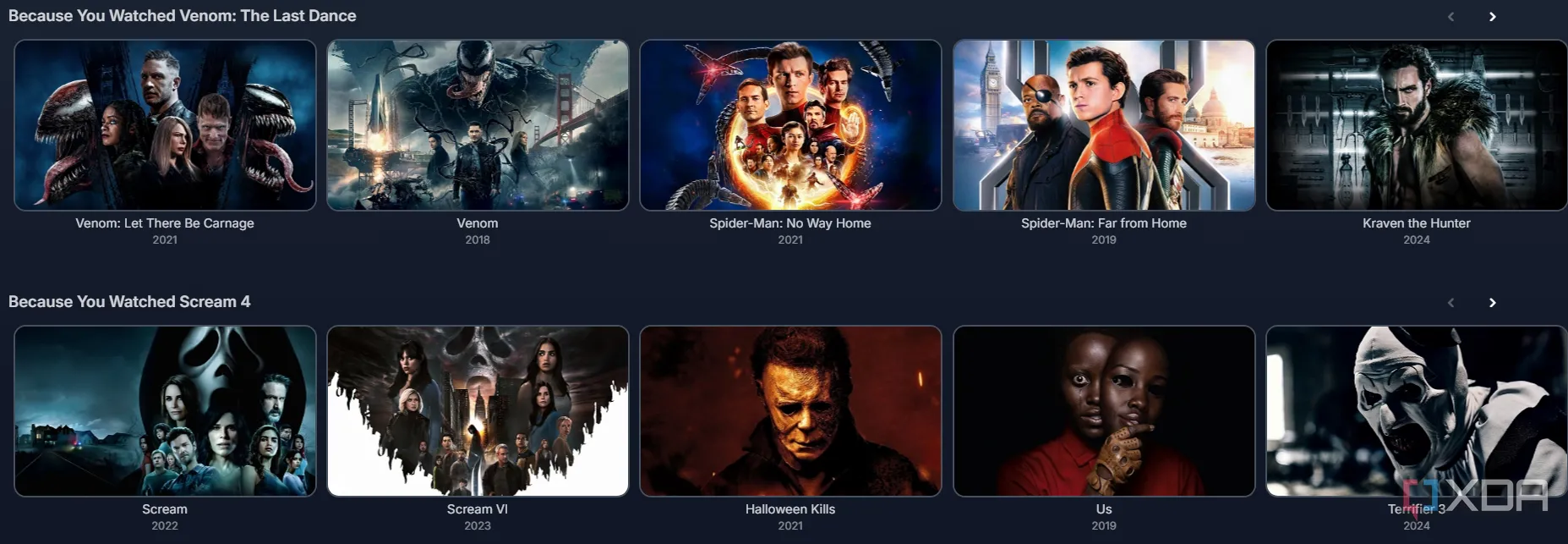 Giao diện plugin Home Screen Sections trong Jellyfin với các mục đề xuất nội dung như Phim/TV Mới nhất, Vì bạn đã xem, và Xem lại.
