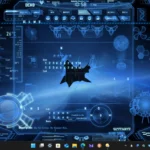 Giao diện Rainmeter Neon Space đang được cài đặt trên màn hình desktop Windows
