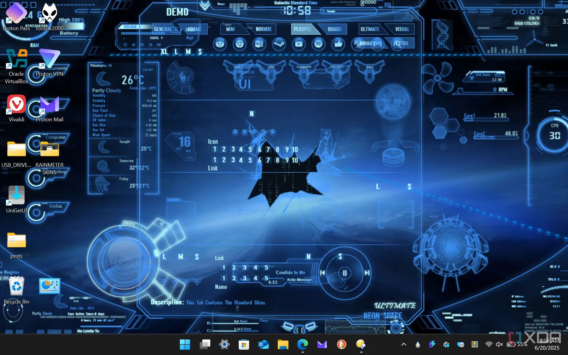 Giao diện Rainmeter Neon Space đang được cài đặt trên màn hình desktop Windows