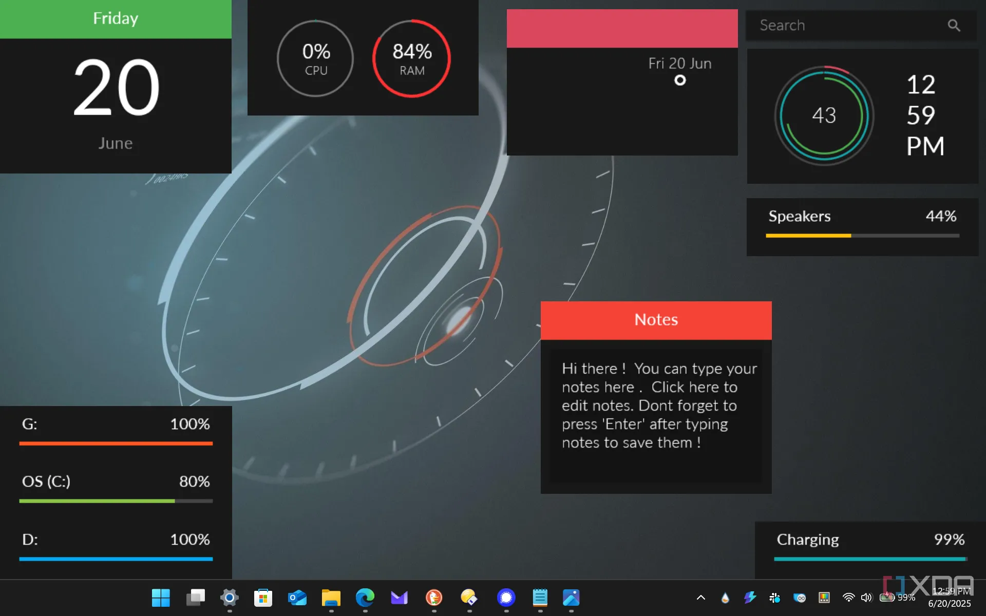 Giao diện skin Rainmeter Download Dark với tông màu tối và các tiện ích hệ thống