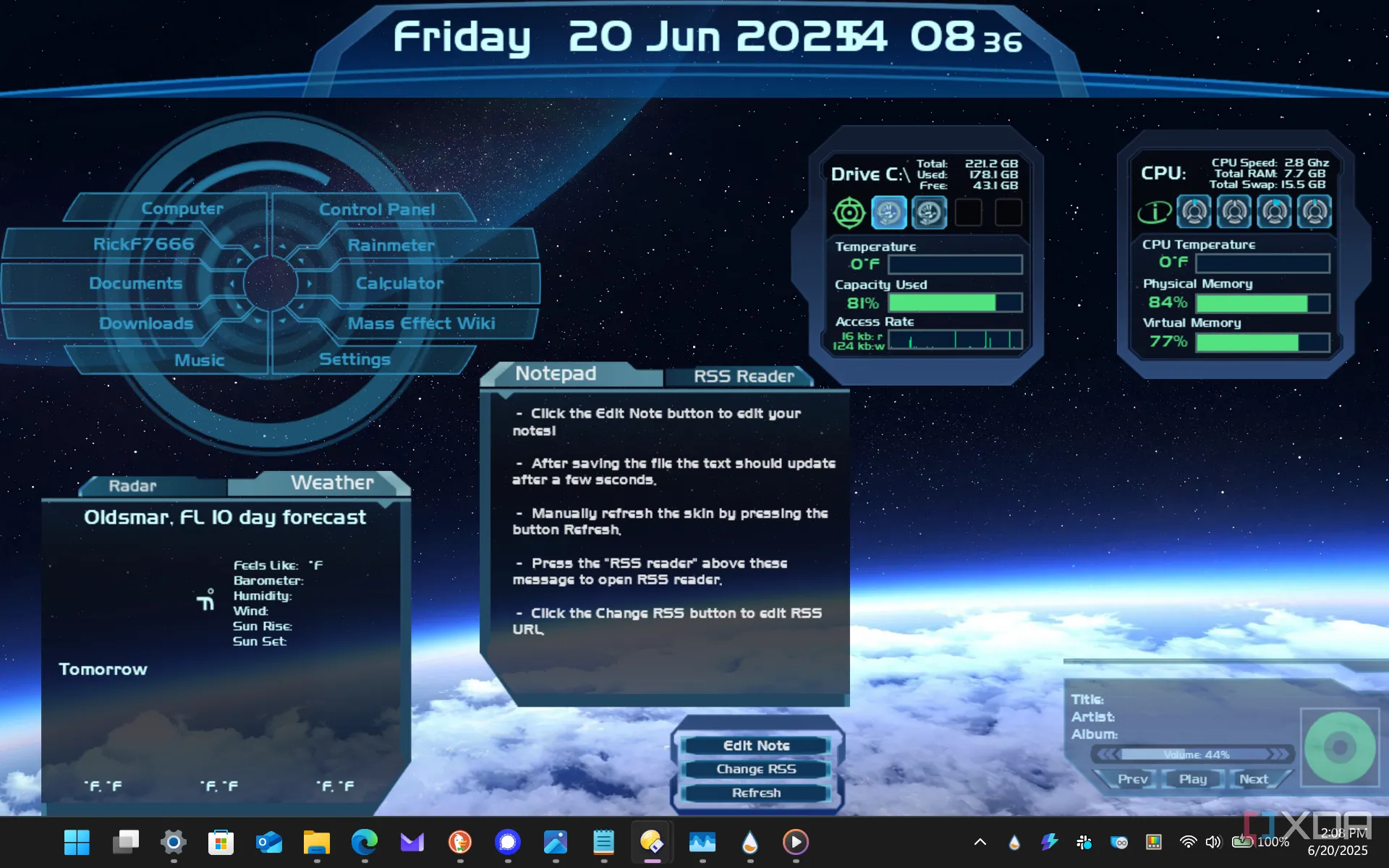 Giao diện skin Rainmeter Mass Effect tối giản, tương lai trên laptop Windows 11