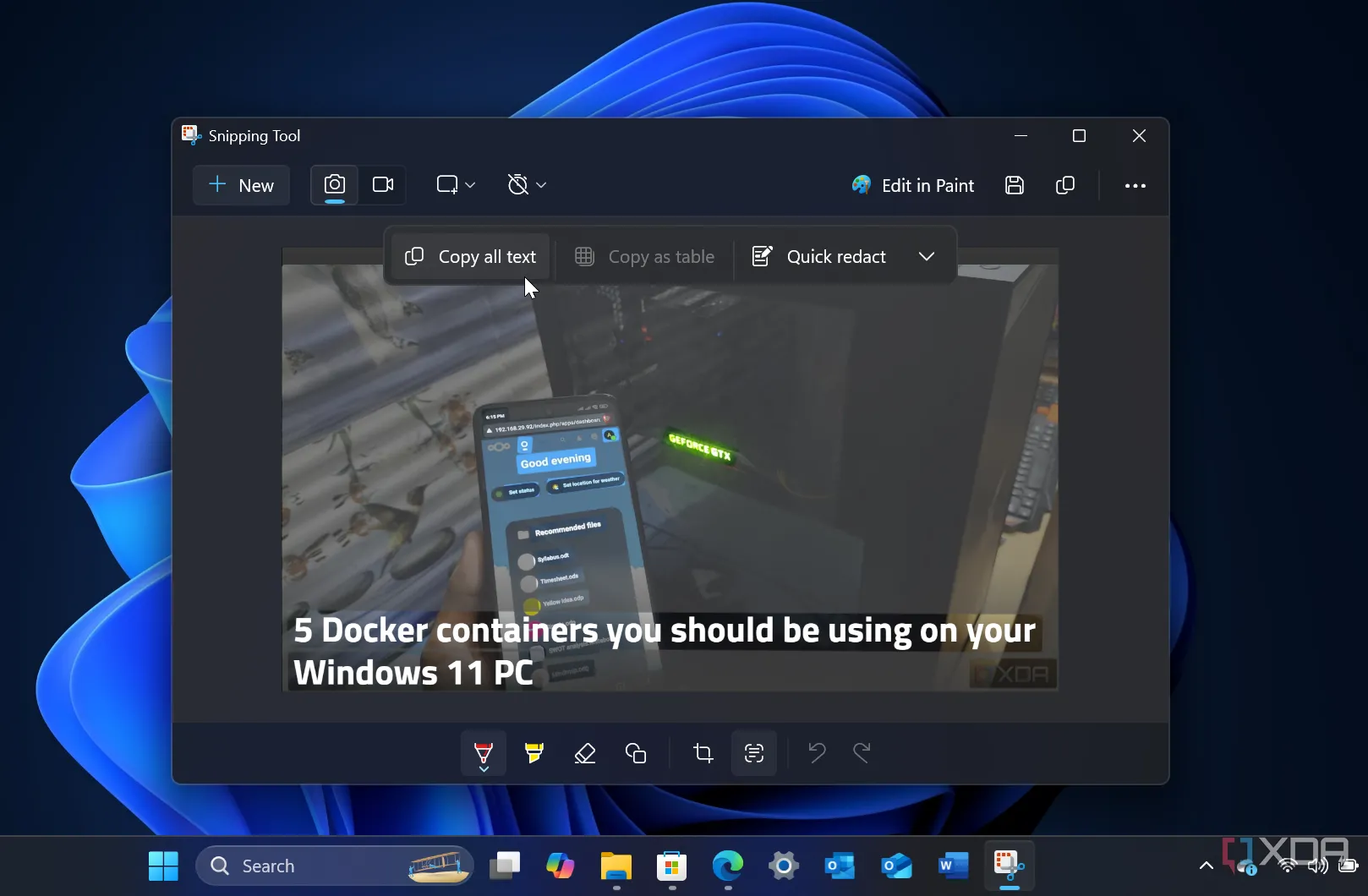 Giao diện Snipping Tool trên Windows 11 đang sử dụng tính năng trích xuất văn bản (OCR)