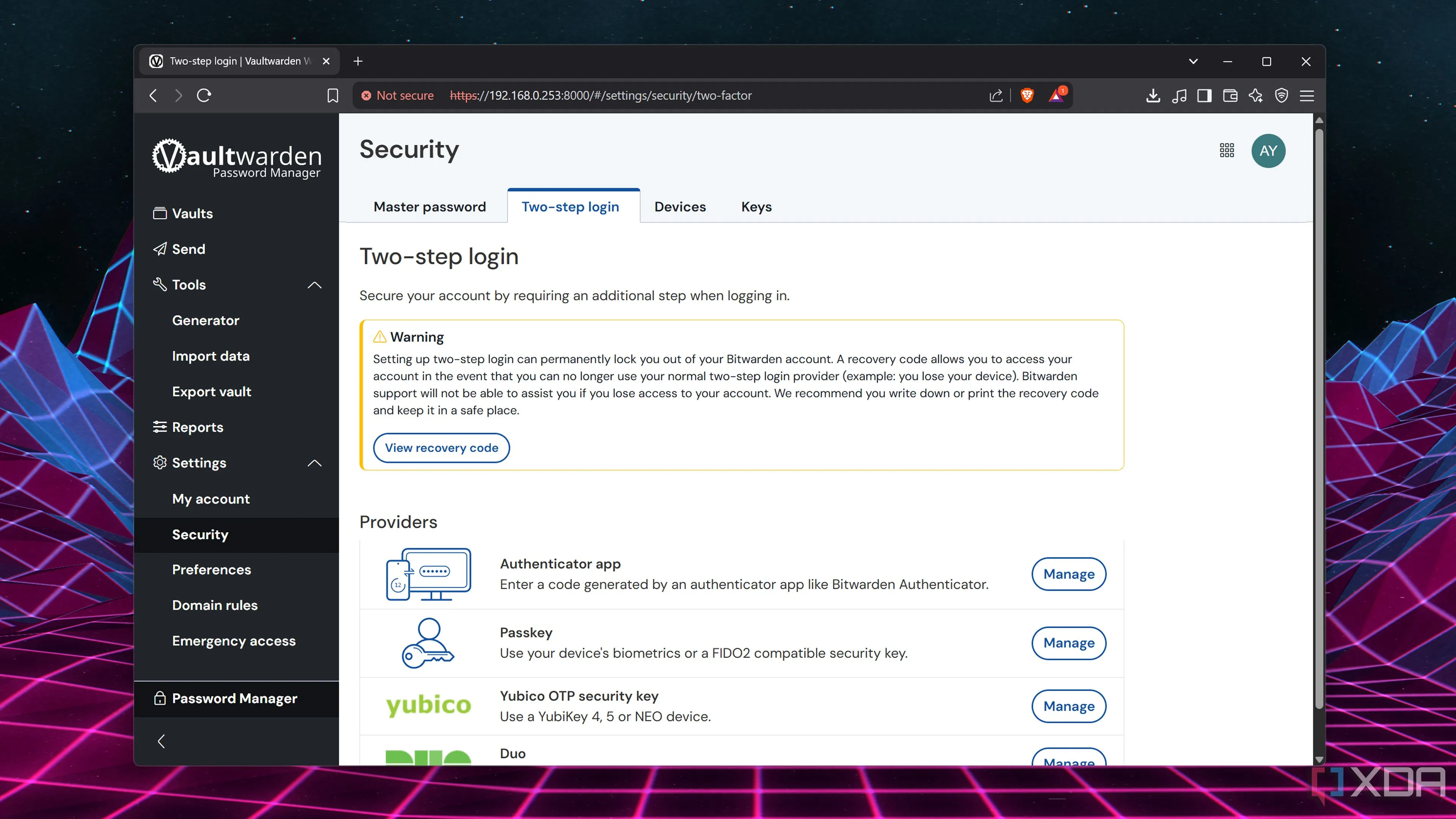 Giao diện tab bảo mật (Security) trong trình quản lý mật khẩu Vaultwarden