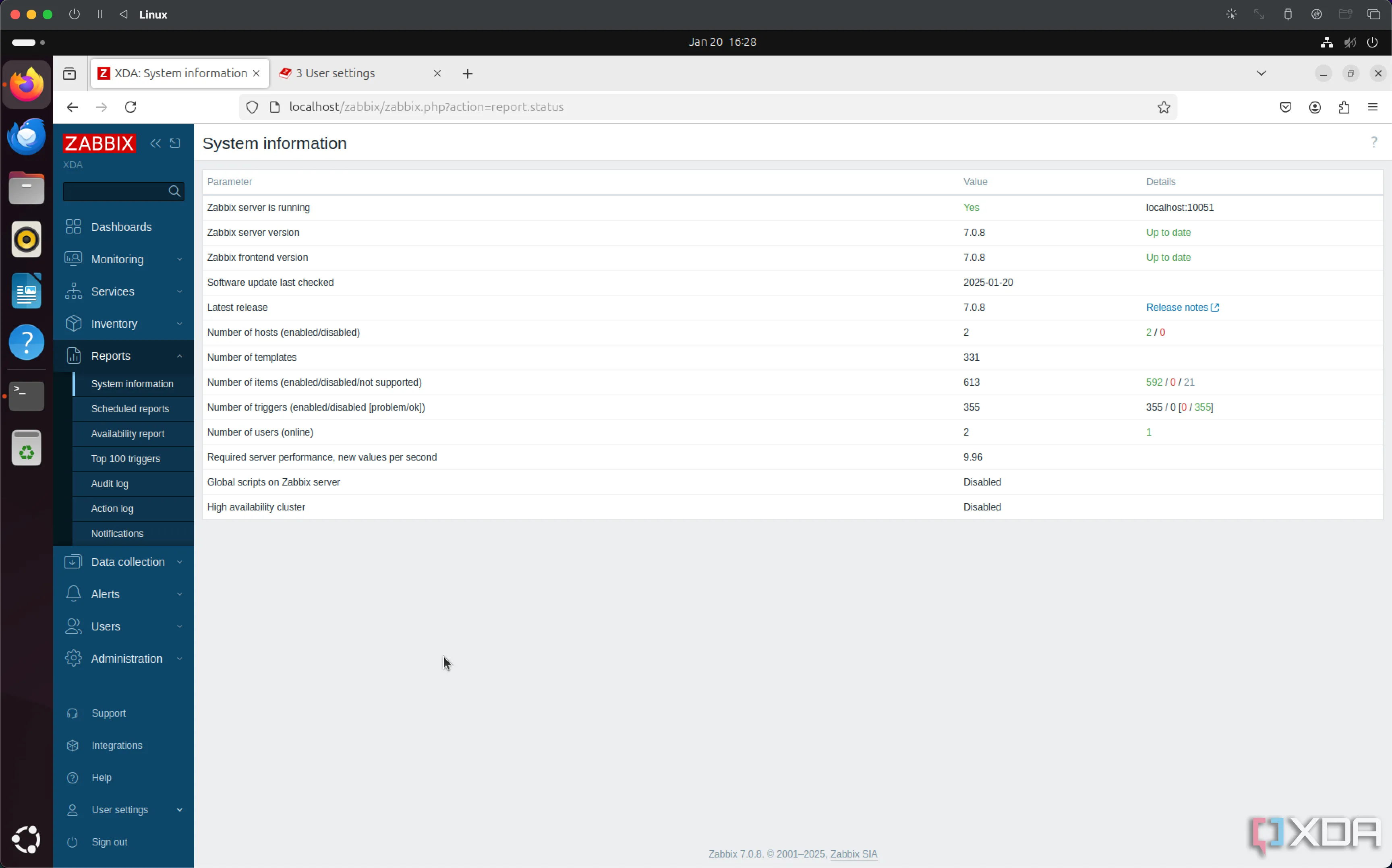 Giao diện thông tin hệ thống Zabbix hiển thị các thông số hoạt động
