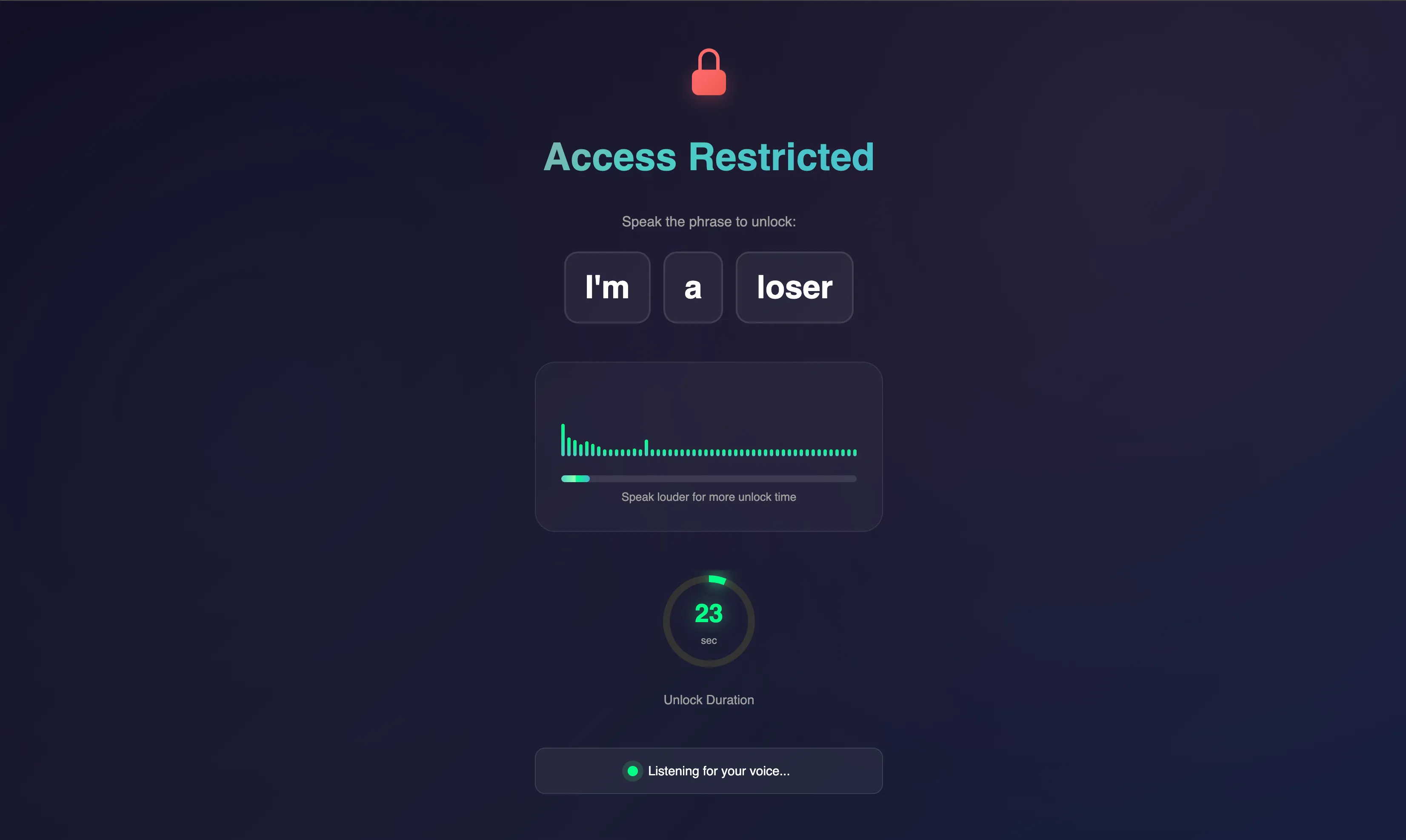 Giao diện tiện ích Scream to Unlock Chrome hiển thị yêu cầu la hét và mức độ âm lượng