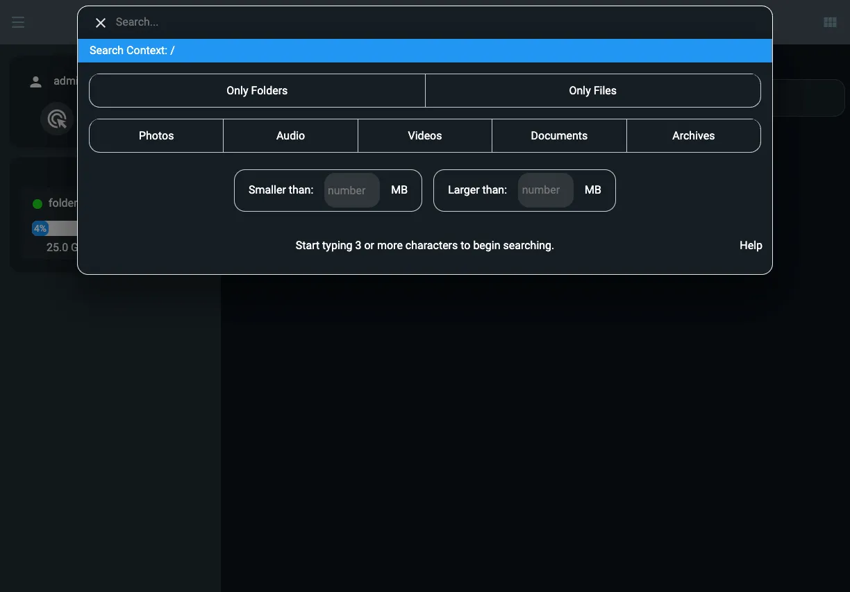 Giao diện tìm kiếm tập tin nâng cao của FileBrowser Quantum với các tùy chọn lọc thông minh