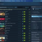 Giao diện tìm kiếm trên cửa hàng Steam với các bộ lọc giá và khuyến mãi.
