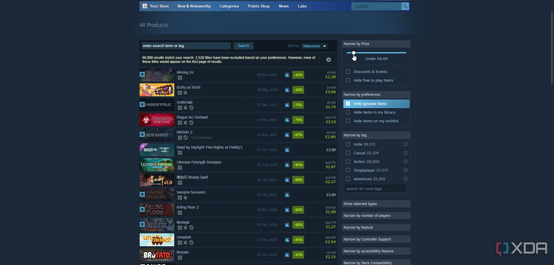 Giao diện tìm kiếm trên cửa hàng Steam với các bộ lọc giá và khuyến mãi.
