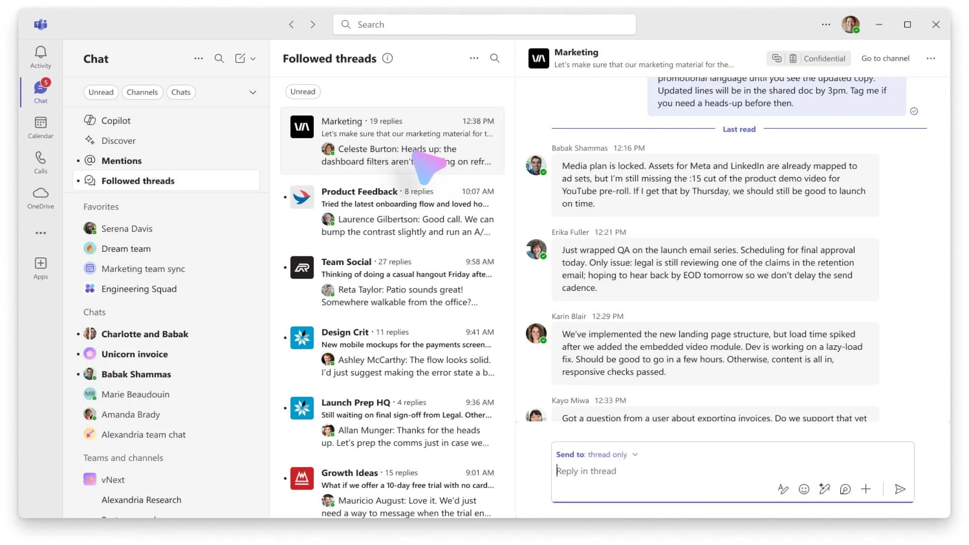 Giao diện tính năng &quot;Followed threads&quot; mới giúp quản lý luồng hội thoại trong Microsoft Teams