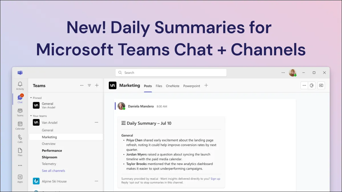 Giao diện tính năng tóm tắt tin nhắn Microsoft Teams hàng ngày của Read AI, hiển thị các bản tóm tắt cuộc trò chuyện và kênh tự động
