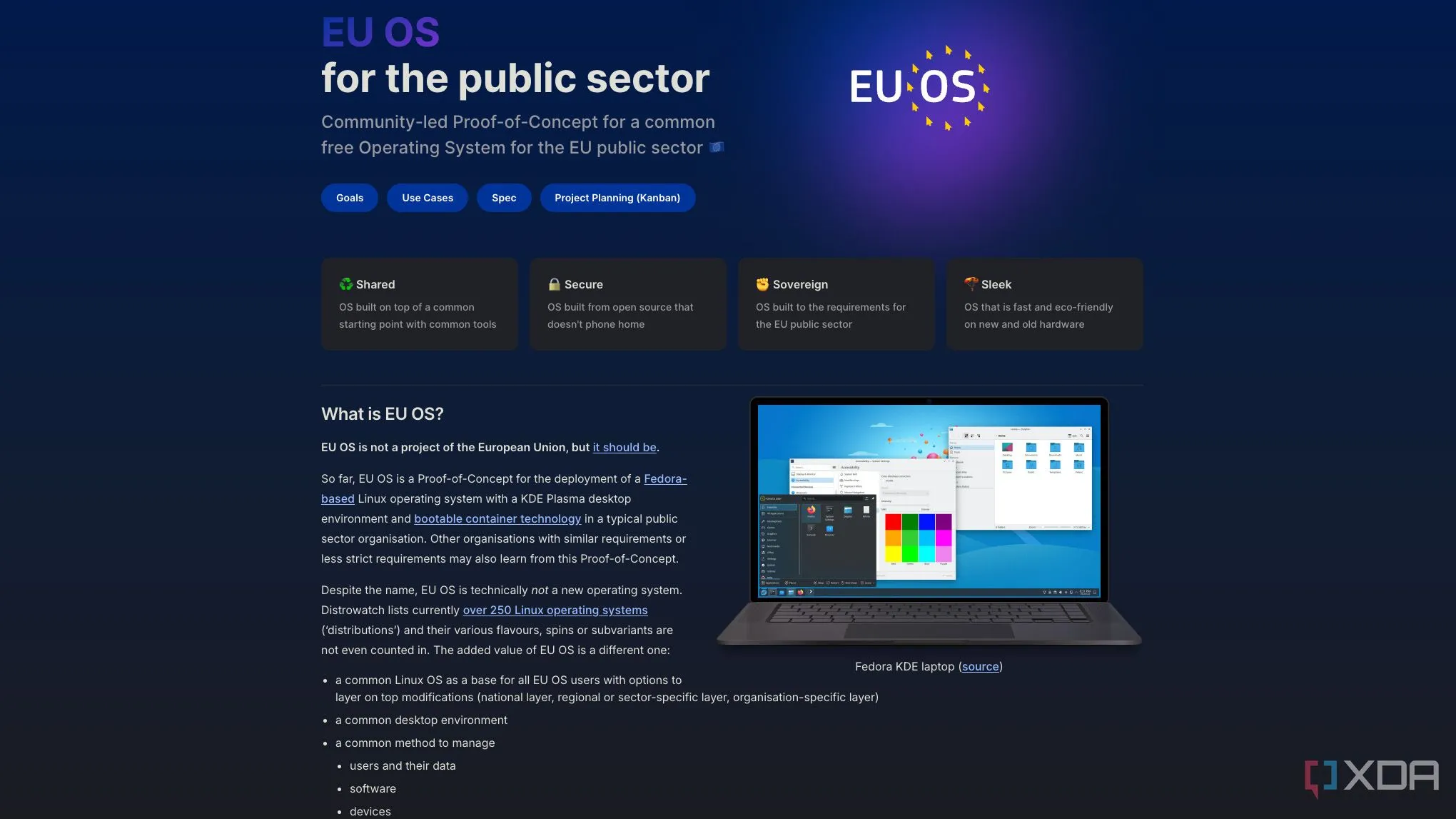 Giao diện trang chủ dự án EU OS, một hệ điều hành mã nguồn mở dựa trên Linux, thể hiện nỗ lực cộng đồng hỗ trợ chính phủ châu Âu đạt chủ quyền số hóa.