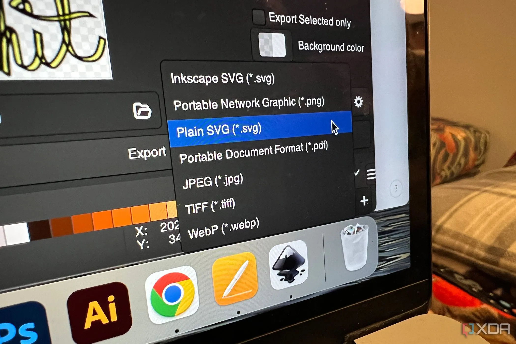 Giao diện tùy chọn xuất file của Inkscape, hiển thị các định dạng như SVG và PNG, nhấn mạnh khả năng tương thích file vector.