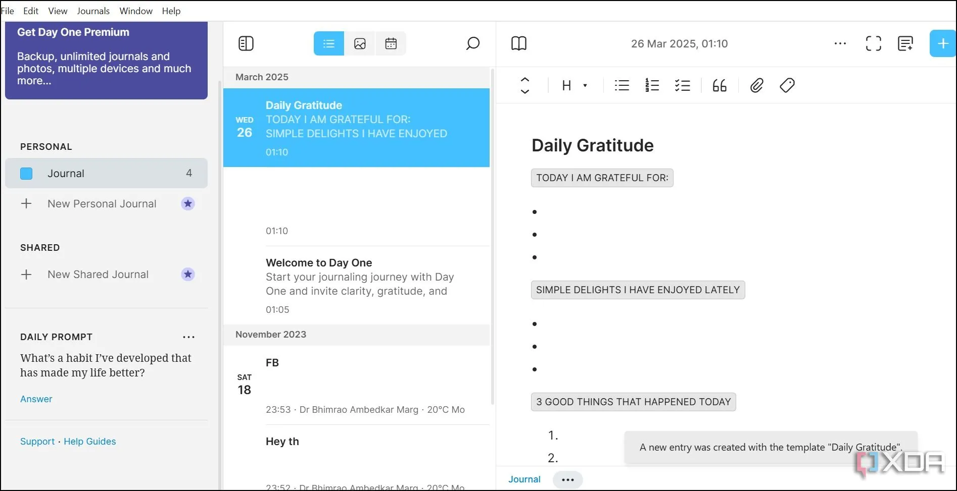 Giao diện ứng dụng Day One trên Windows với thiết kế tinh tế và không gian viết gọn gàng