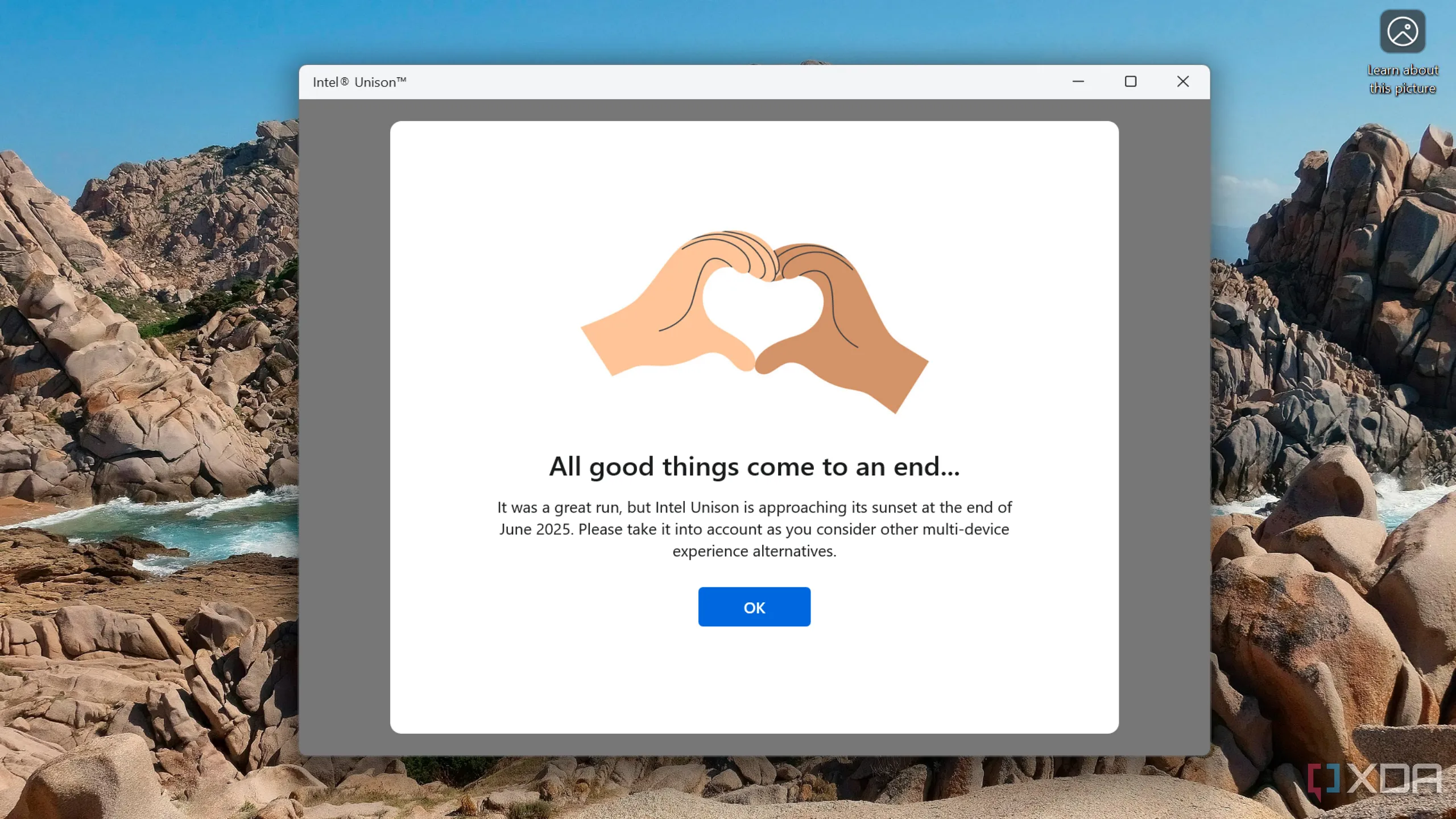 Giao diện ứng dụng Intel Unison trên Windows với thông báo ngừng hoạt động