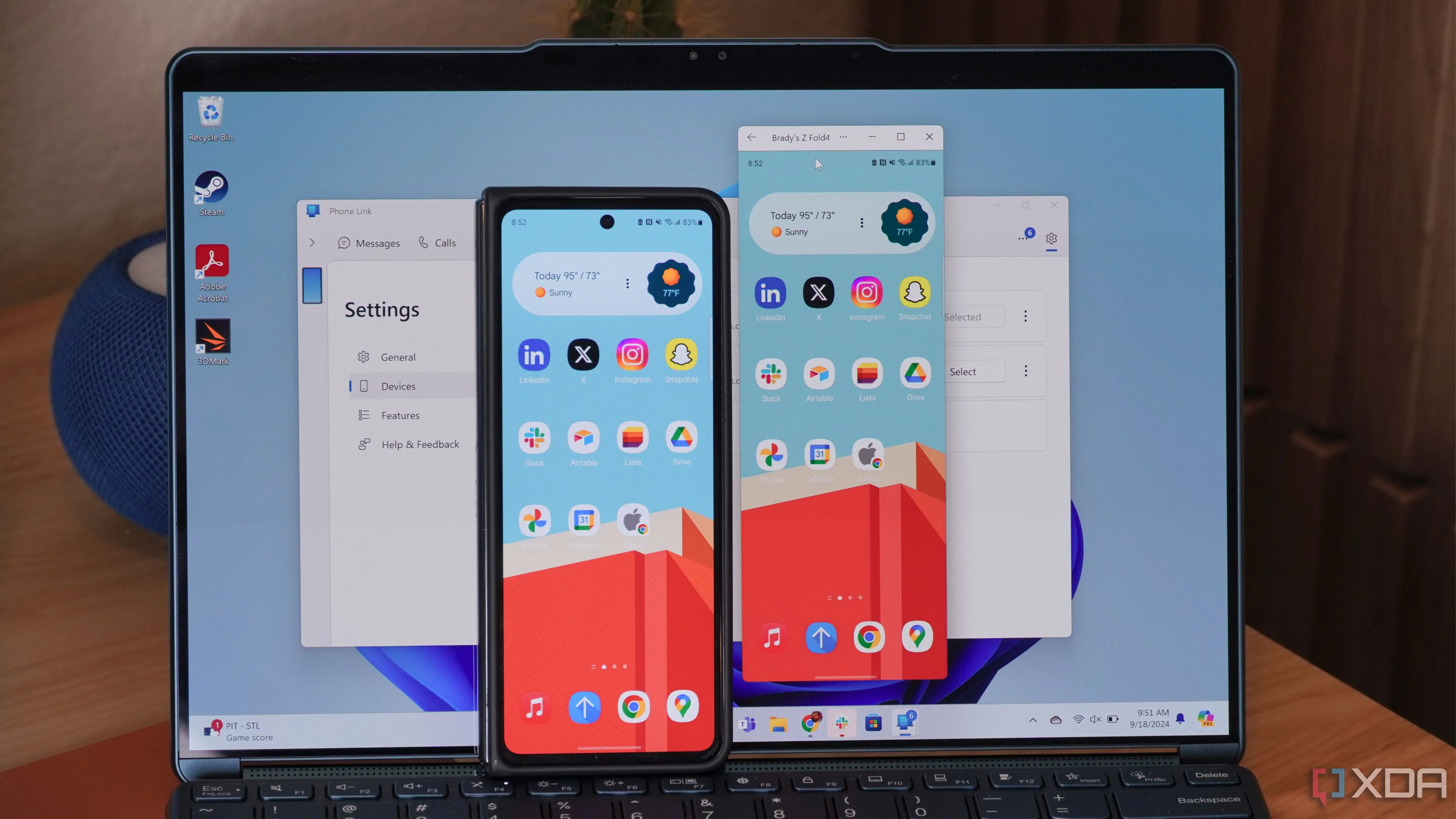 Giao diện ứng dụng Phone Link (Link to Windows) đang hiển thị tính năng phản chiếu màn hình điện thoại Android trên máy tính xách tay Windows.