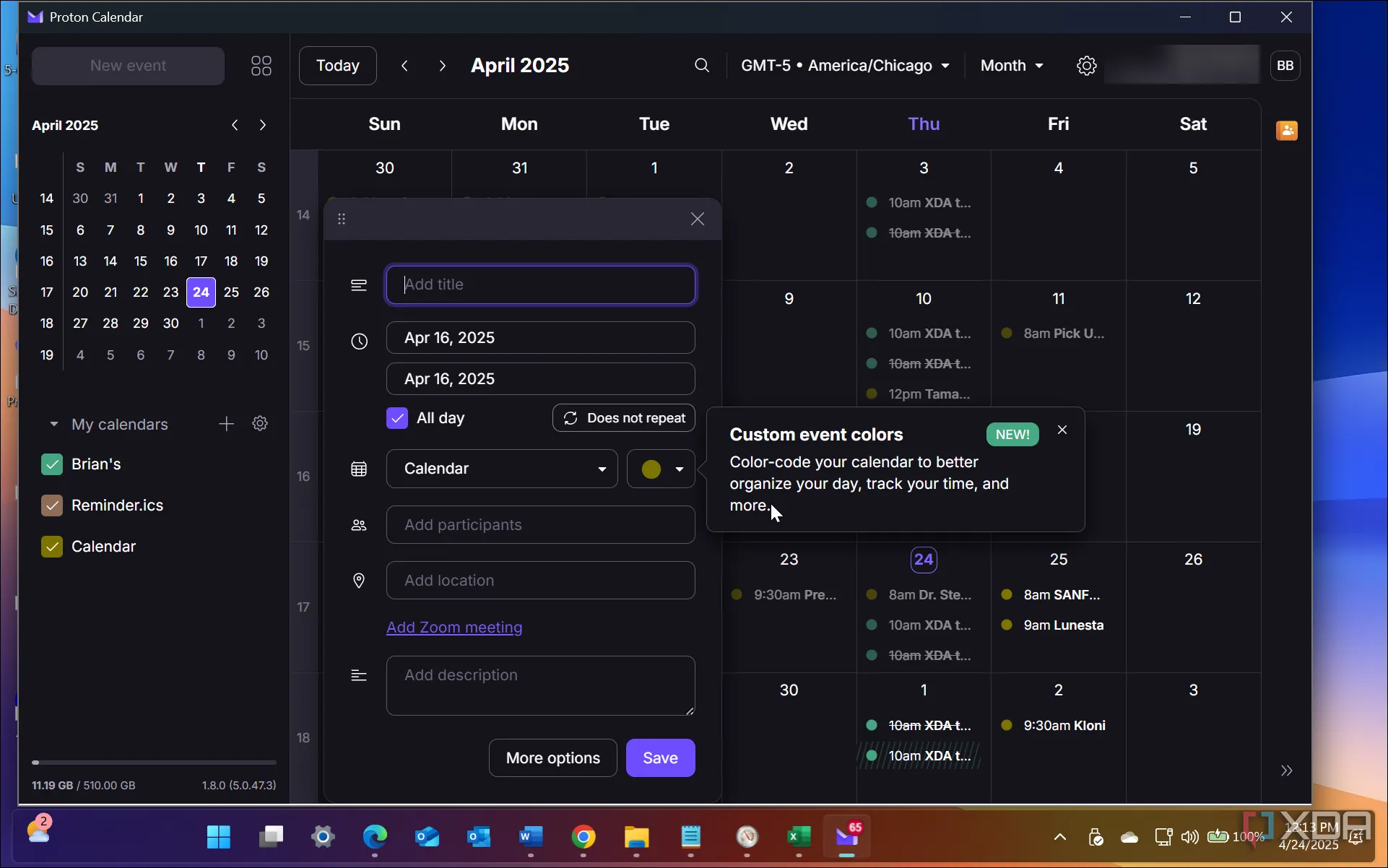 Giao diện ứng dụng Proton Calendar đang chạy trên Windows, minh họa tính năng quản lý lịch và sự kiện