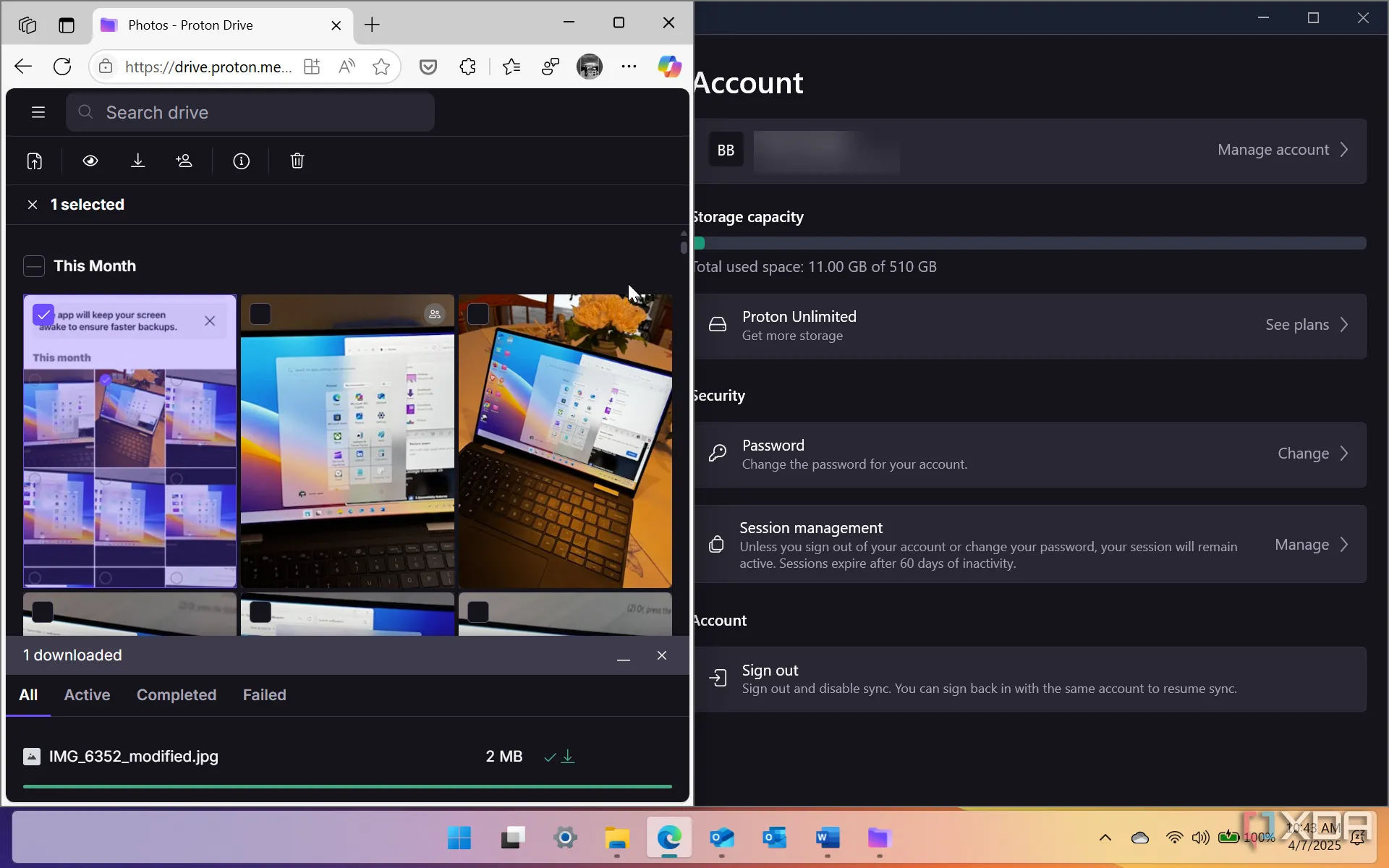 Giao diện ứng dụng Proton Drive và phiên bản web trên máy tính Windows 11