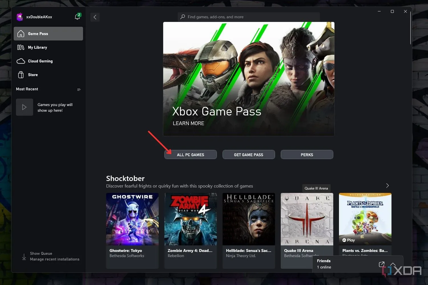 Giao diện ứng dụng Xbox trên Windows với tùy chọn 'Tất cả Game PC' nổi bật, minh họa các tựa game có trong PC Game Pass.