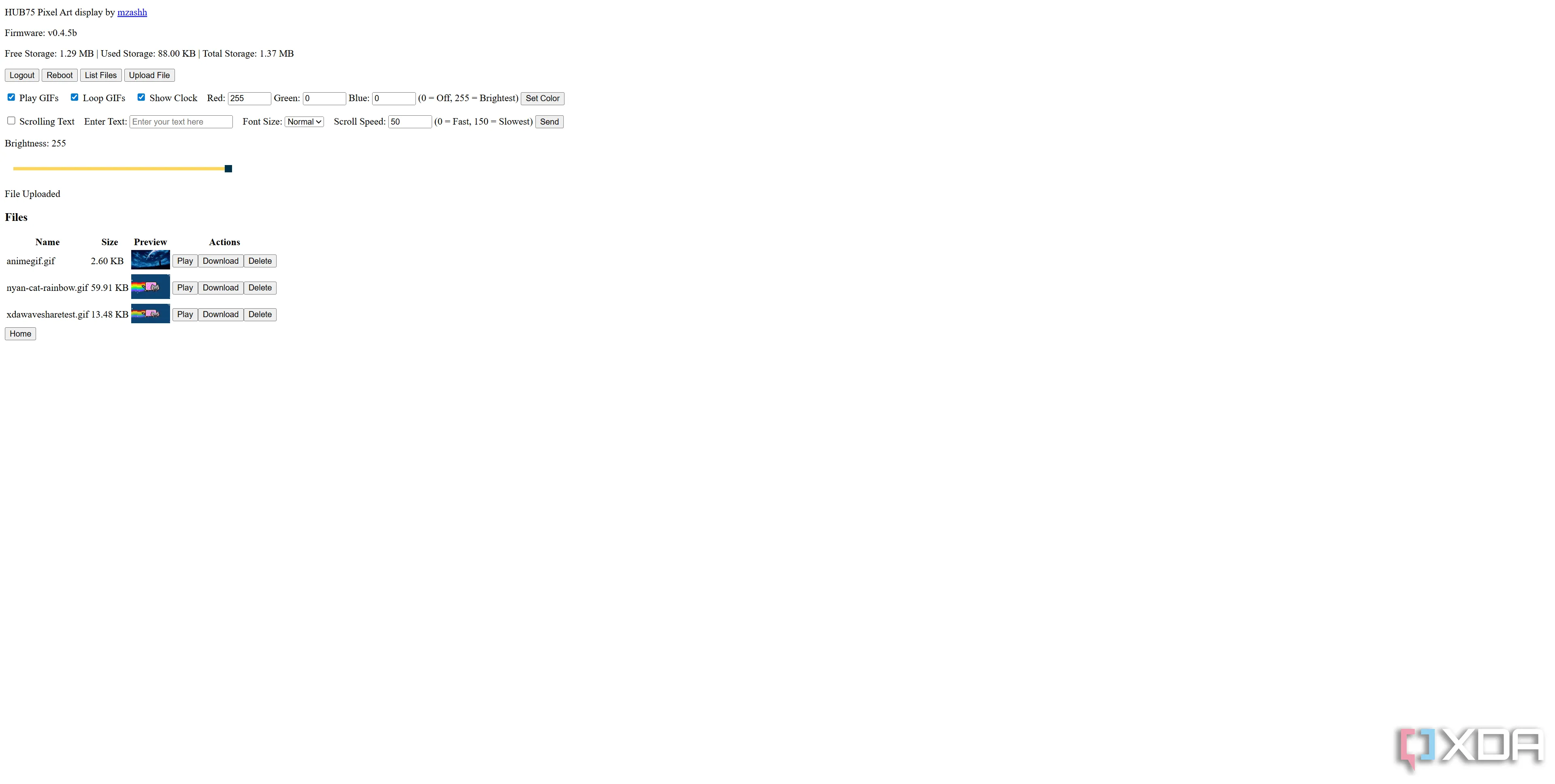 Giao diện web server của Pixel Art Display trên ESP32