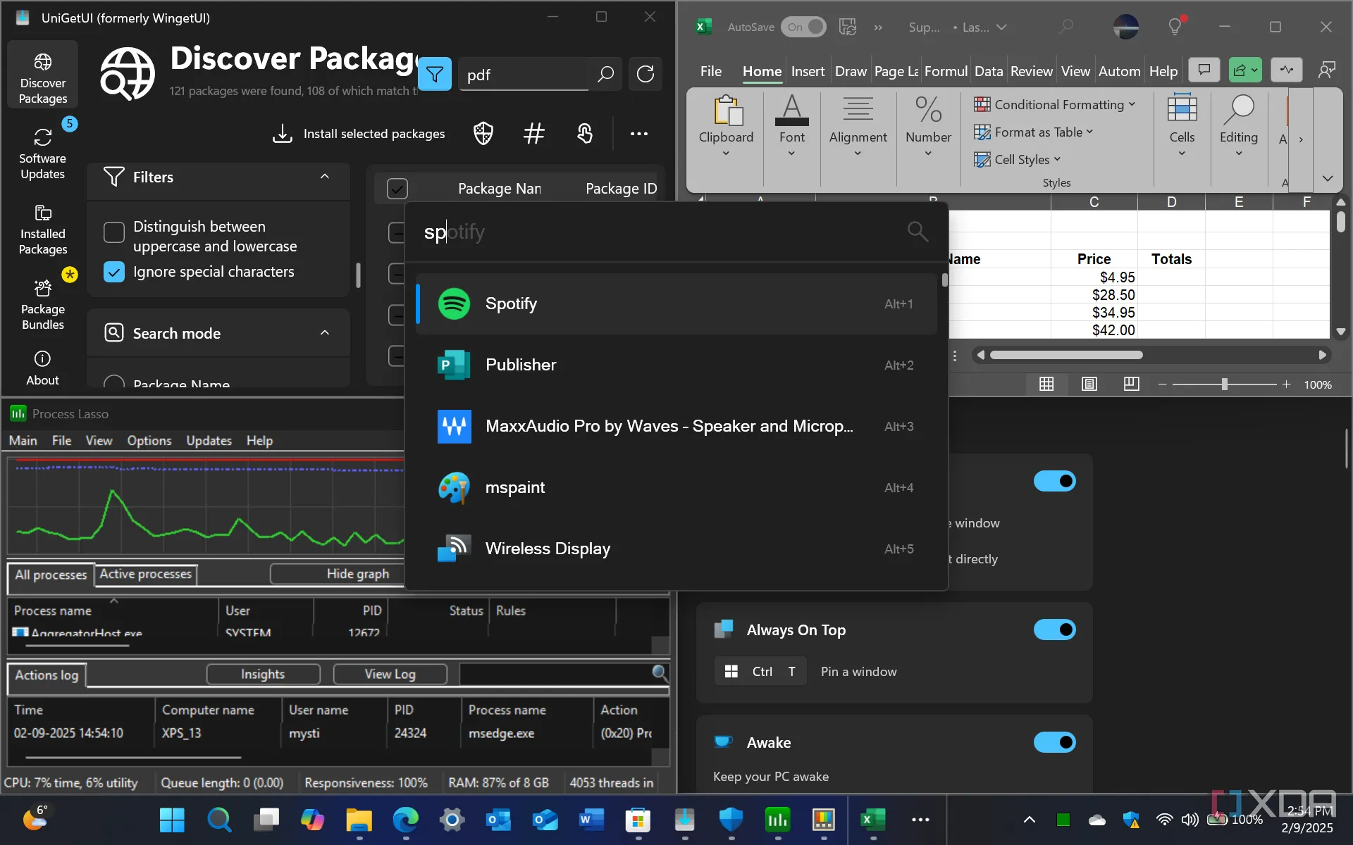 Giao diện Windows 11 với nhiều ứng dụng đa nhiệm đang chạy như Excel, UniGetUI, Project Lasso và PowerToys Dashboard