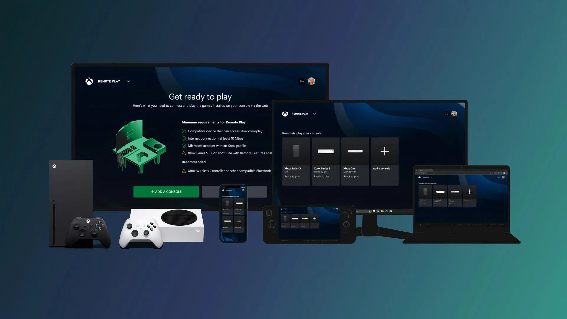 Giao diện Xbox Remote Play hiển thị chơi game trên nhiều thiết bị khác nhau, minh họa tính năng mở rộng của bản cập nhật Xbox tháng 4 2025